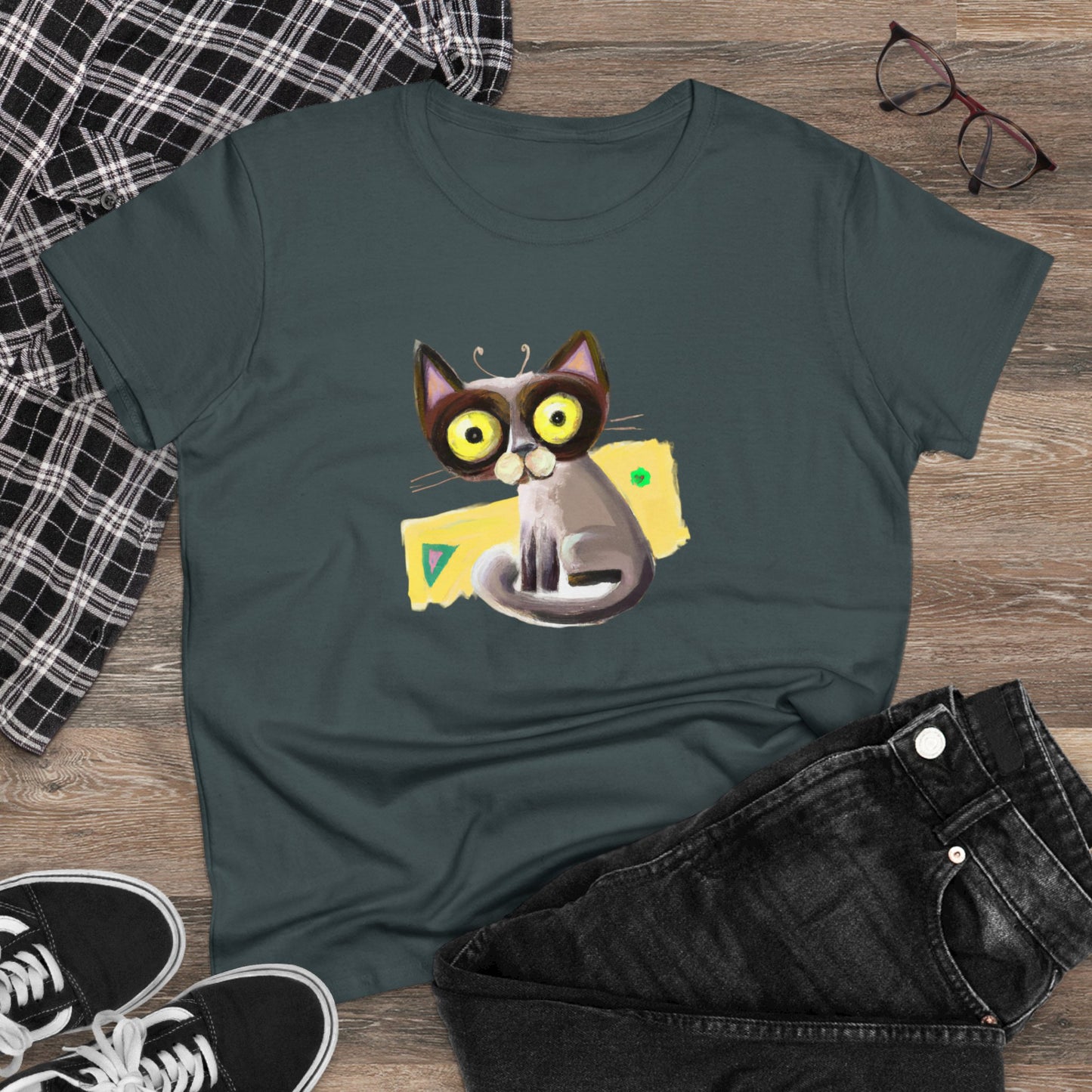 Funny cat, oil pastel, Women's Midweight Cotton Tee