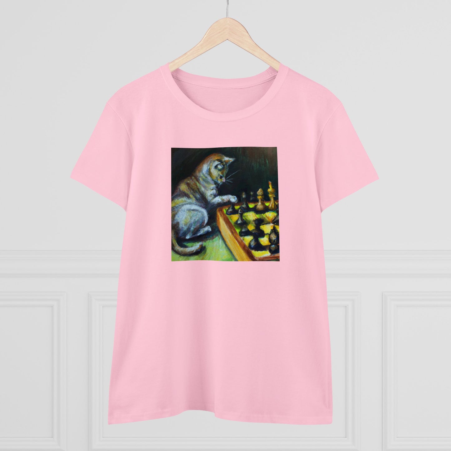 Cat playing chess, oil pastel, Women's Midweight Cotton Tee