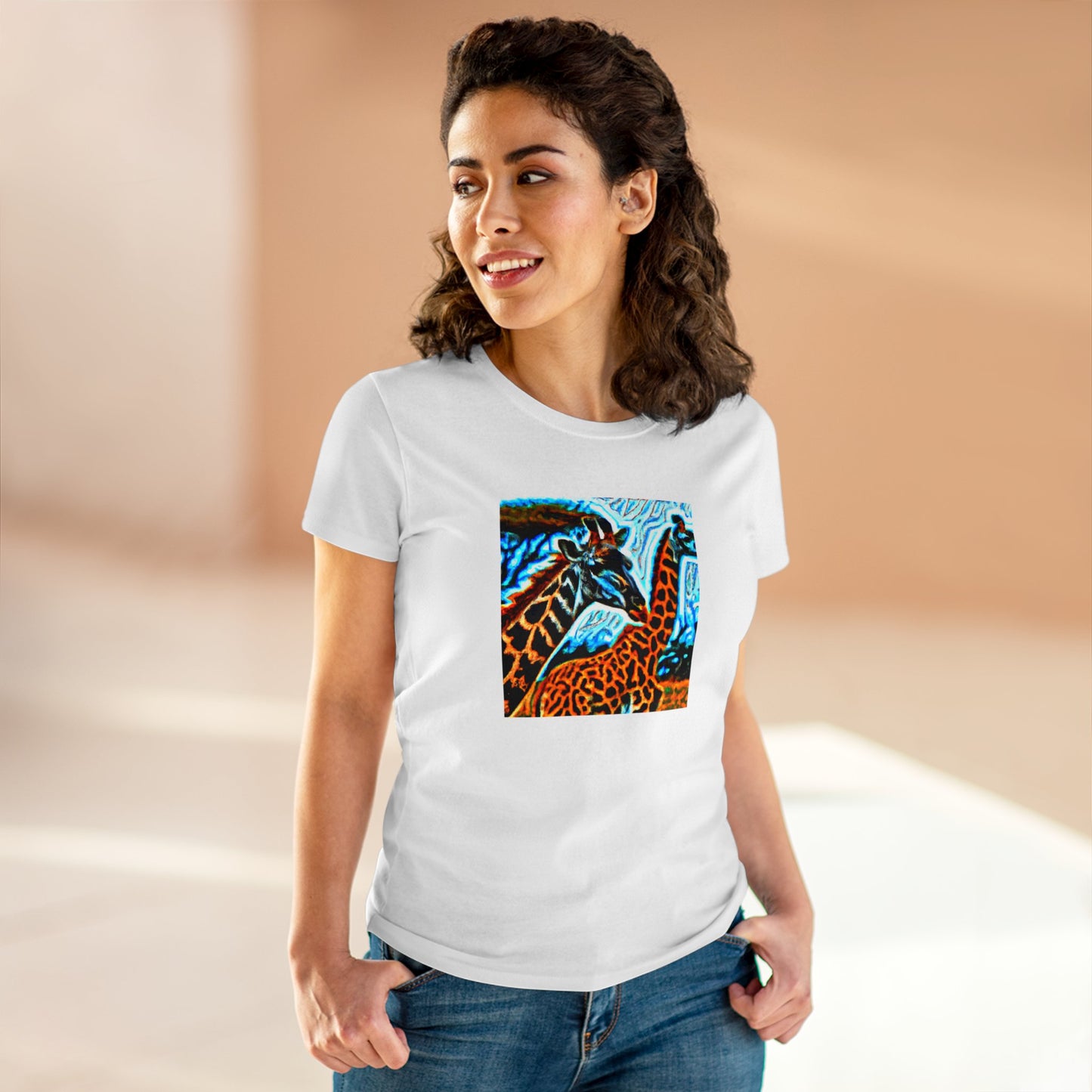 Giraffe, oil pastel, Women's Midweight Cotton Tee