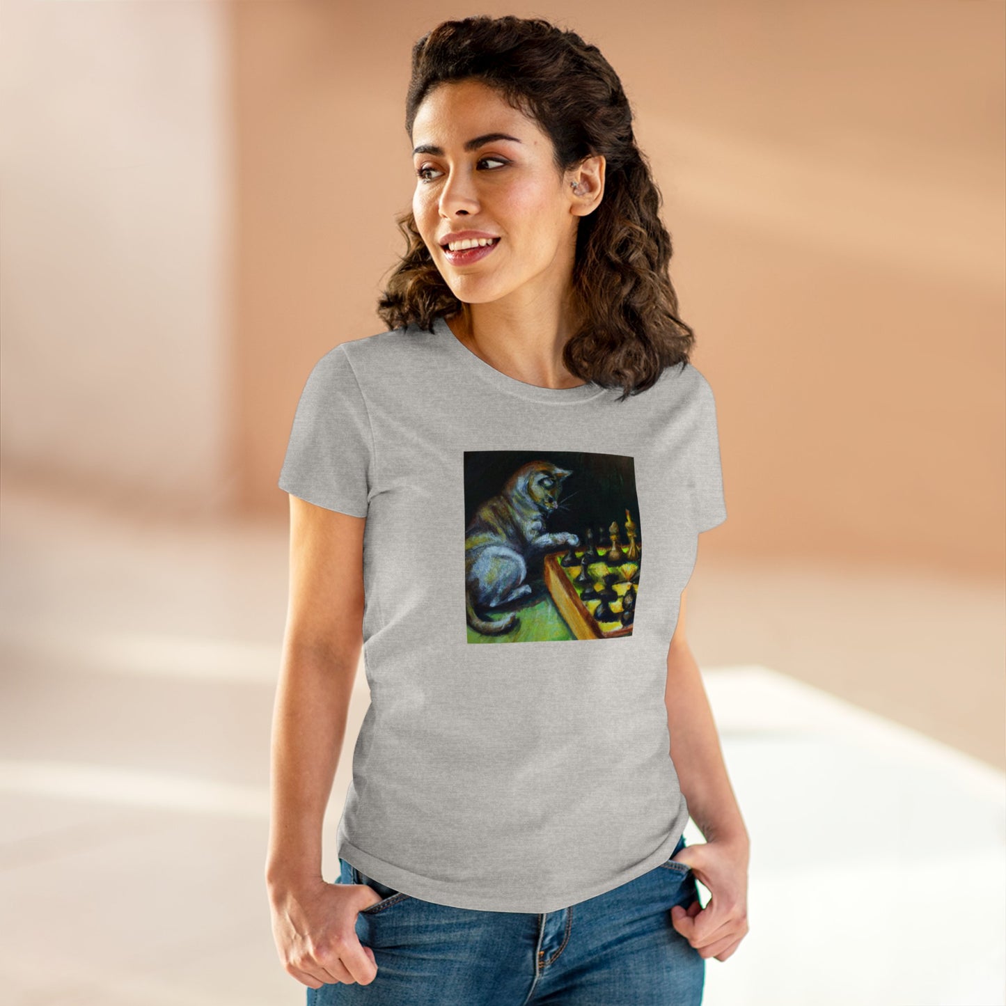 Cat playing chess, oil pastel, Women's Midweight Cotton Tee