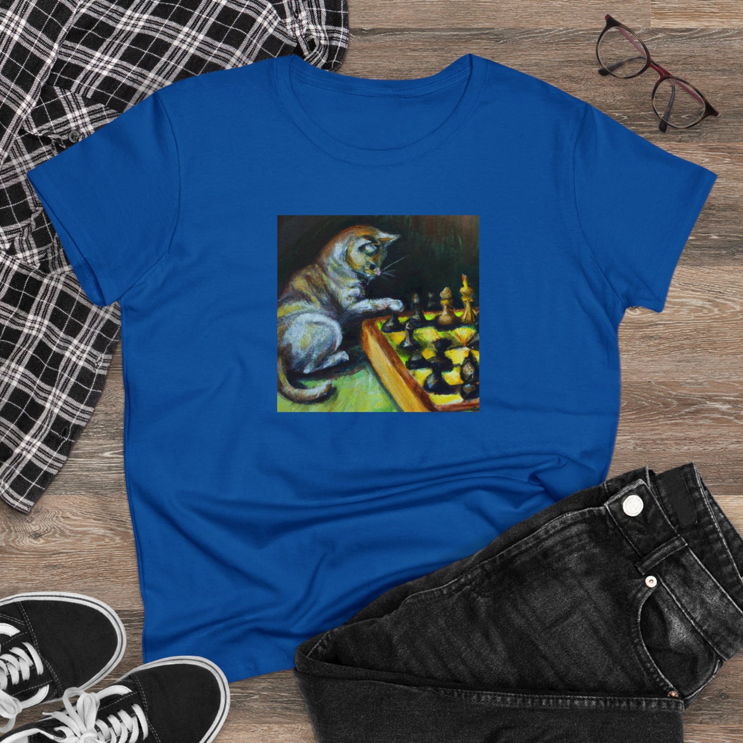 Cat playing chess, oil pastel, Women's Midweight Cotton Tee