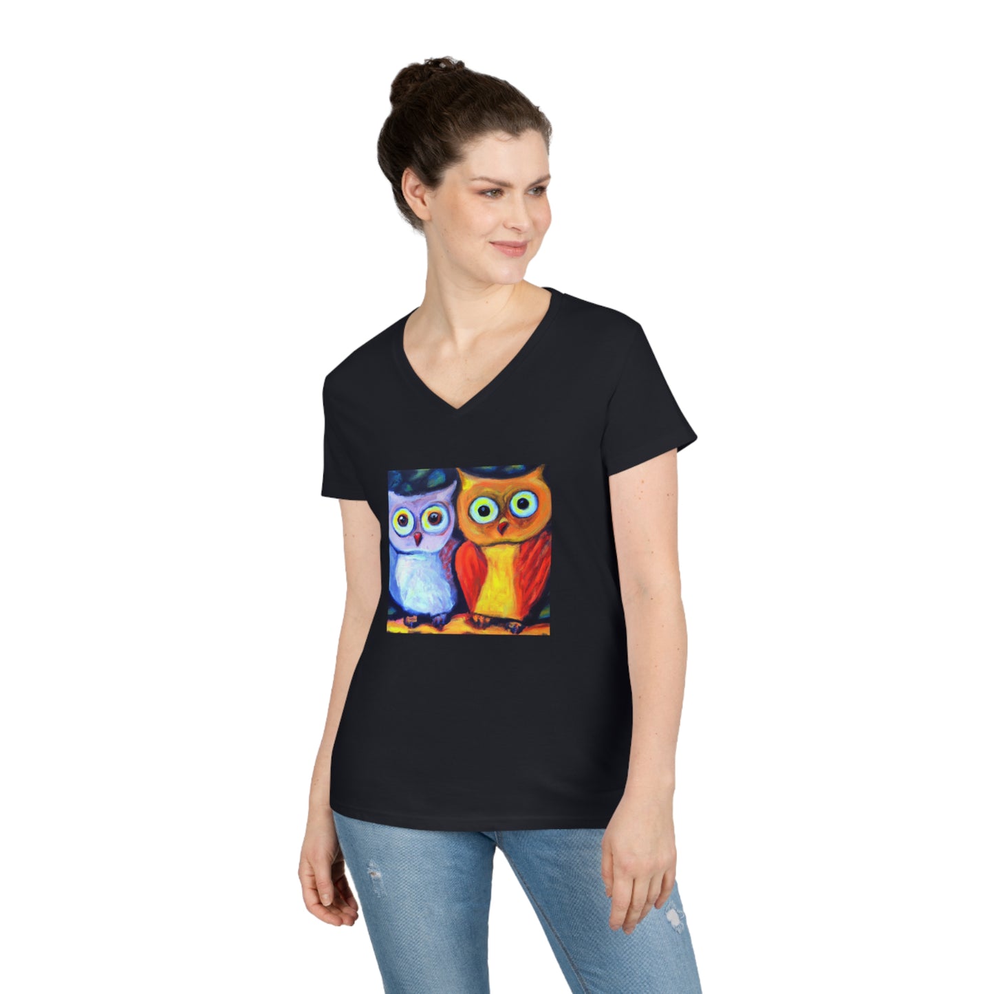 Owls, oil pastel, Ladies' V-Neck T-Shirt