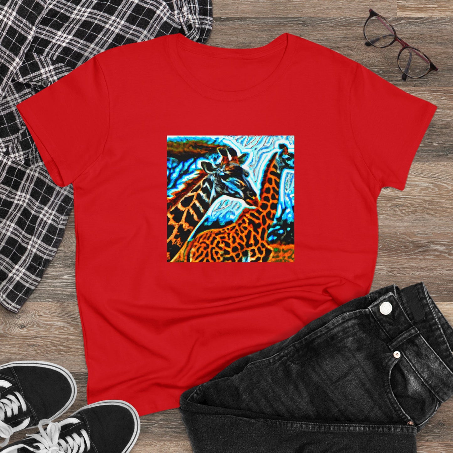 Giraffe, oil pastel, Women's Midweight Cotton Tee