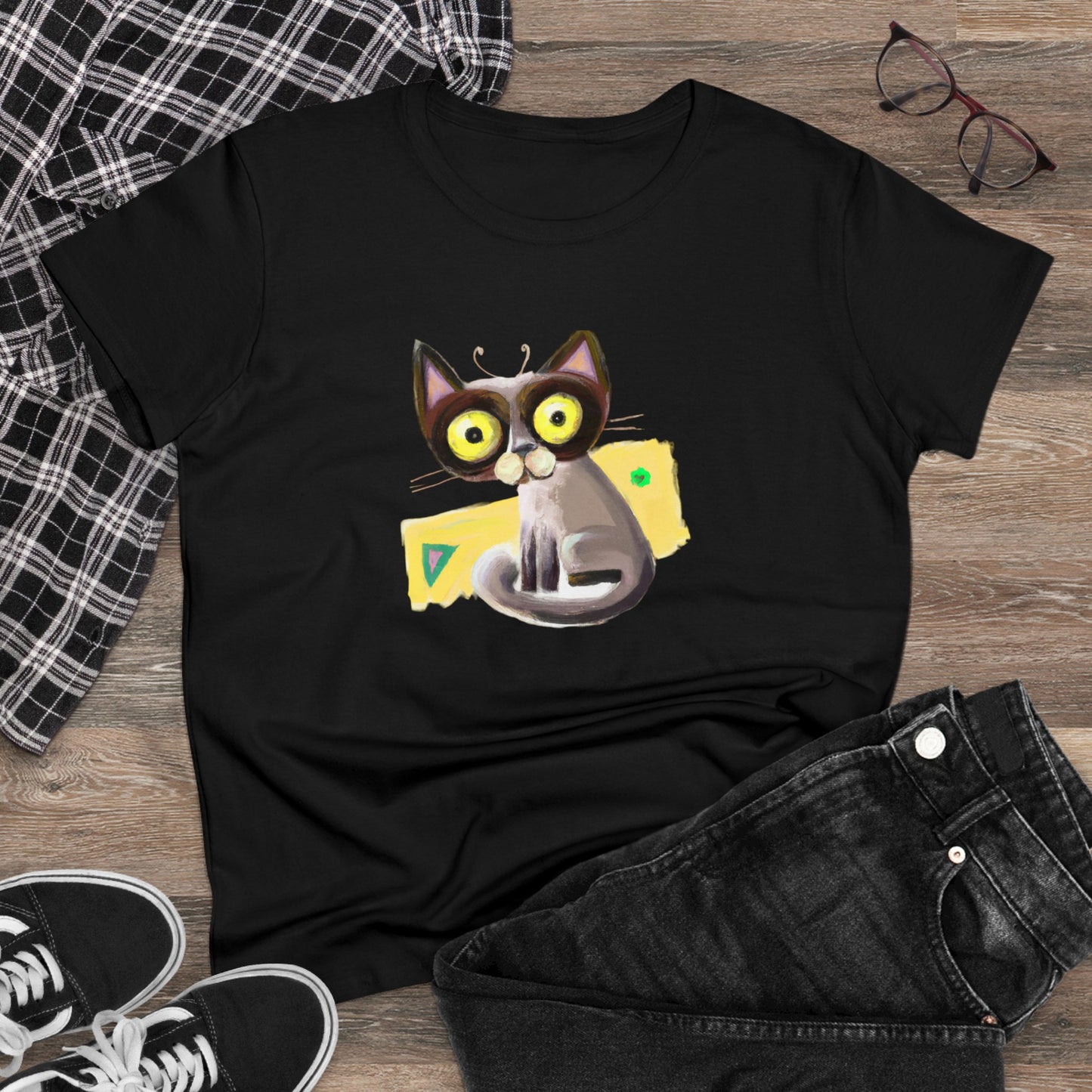 Funny cat, oil pastel, Women's Midweight Cotton Tee