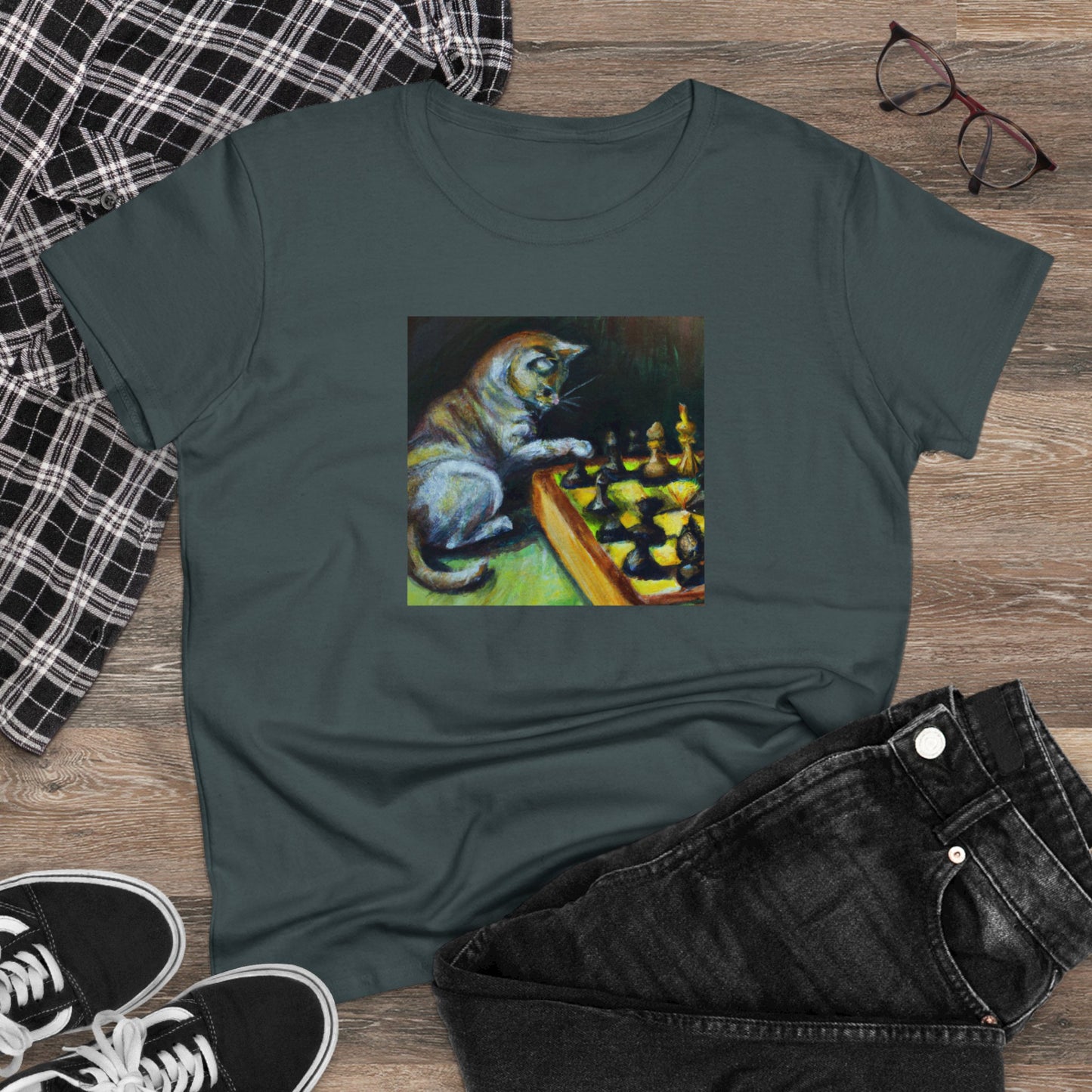 Cat playing chess, oil pastel, Women's Midweight Cotton Tee