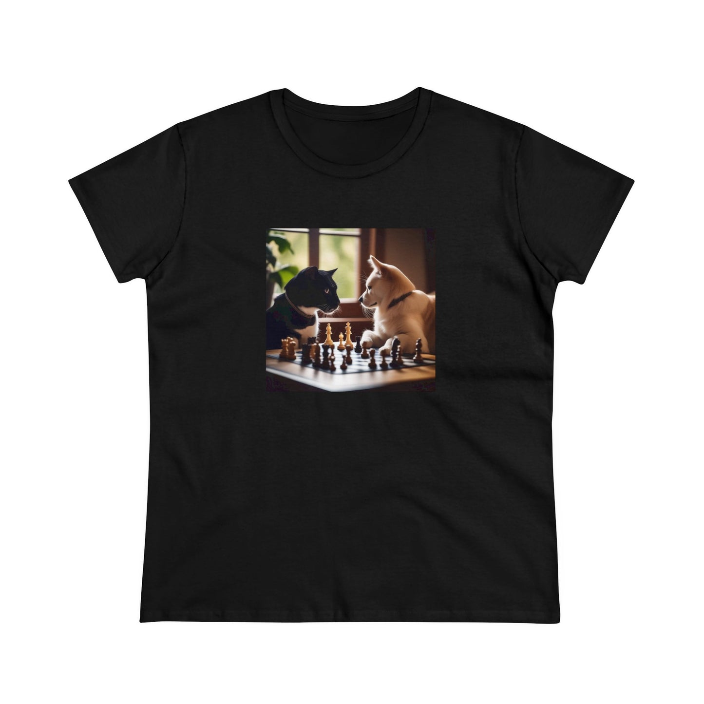 Cat and dog playing chess, Women's Midweight Cotton Tee