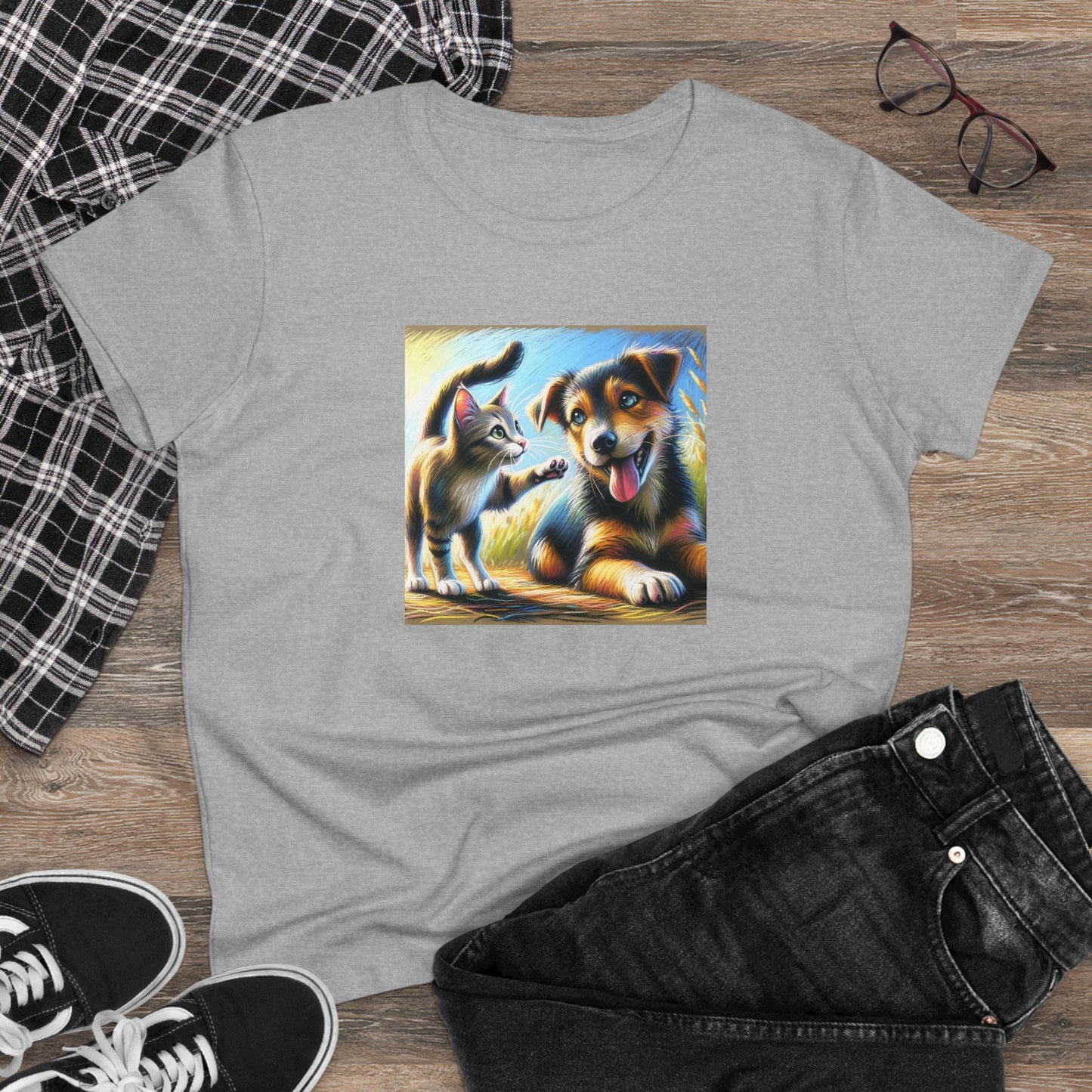 Cat playing with dog, oil pastel, Women's Midweight Cotton Tee