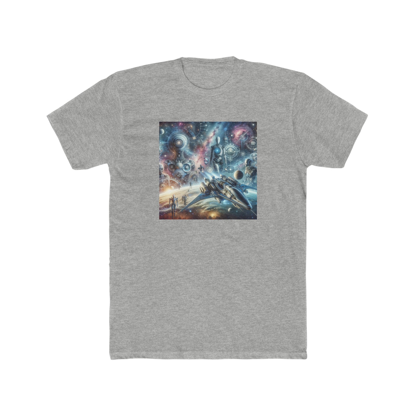 Robots, spaceships, planet, Men's Cotton Crew Tee