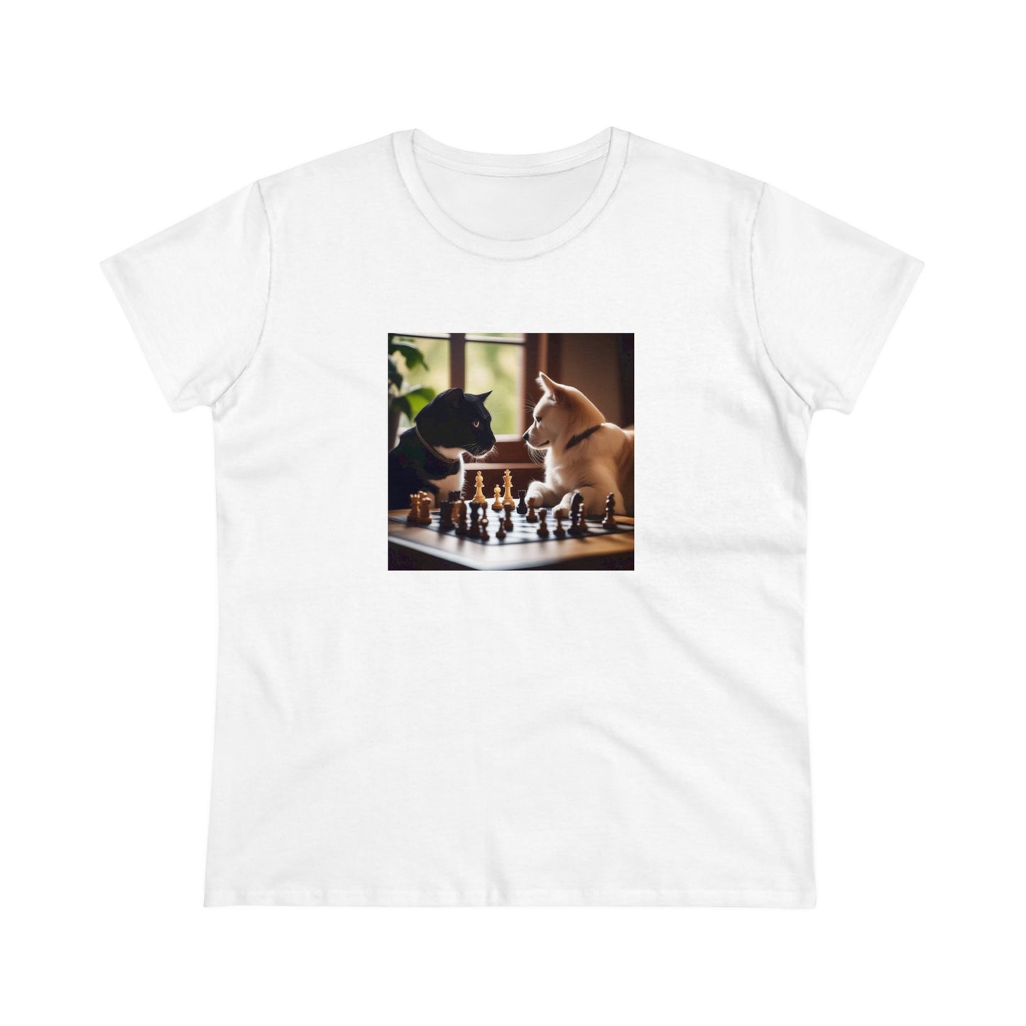 Cat and dog playing chess, Women's Midweight Cotton Tee