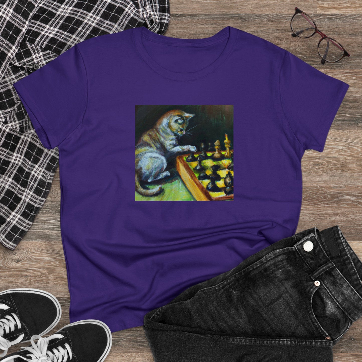 Cat playing chess, oil pastel, Women's Midweight Cotton Tee