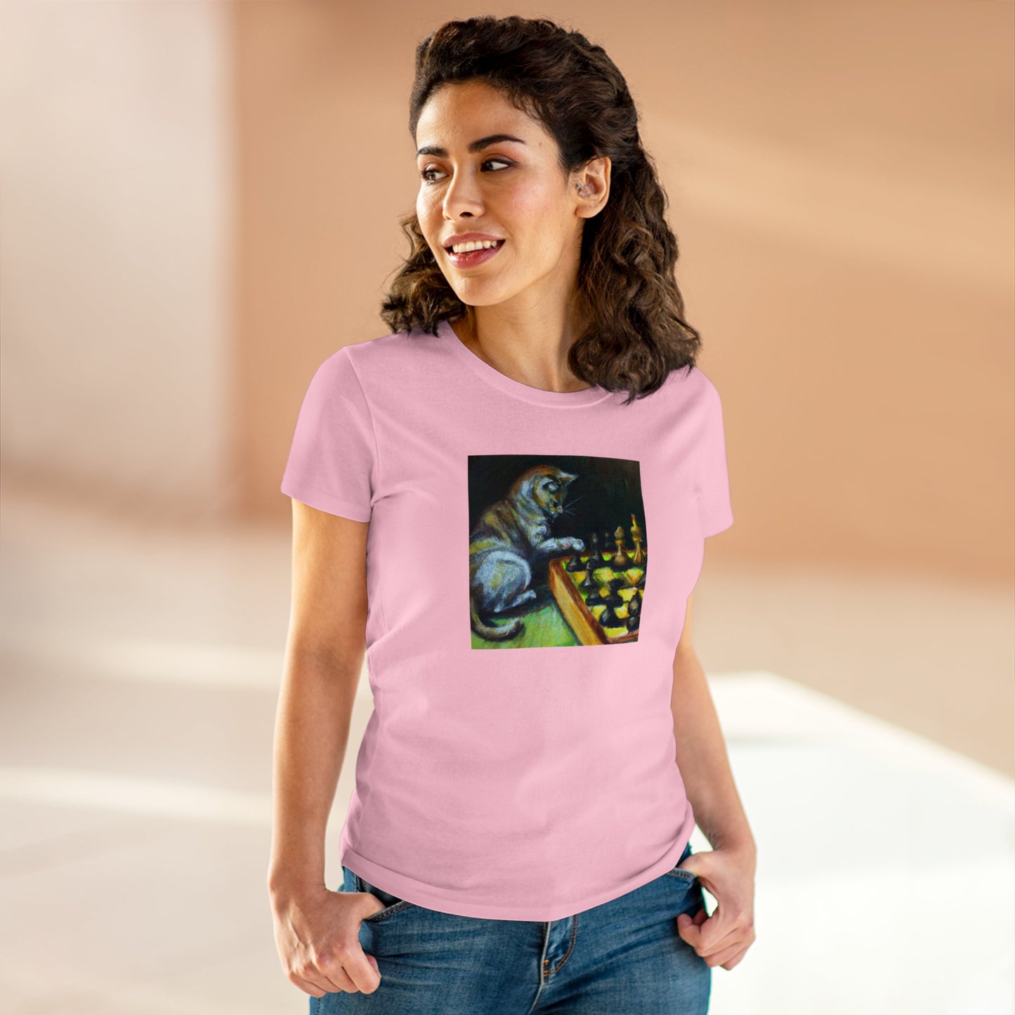 Cat playing chess, oil pastel, Women's Midweight Cotton Tee