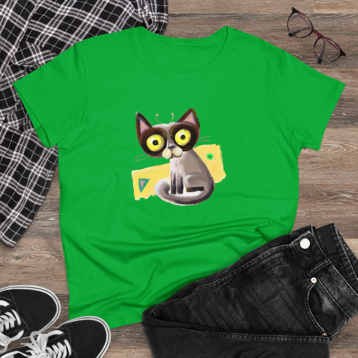 Funny cat, oil pastel, Women's Midweight Cotton Tee