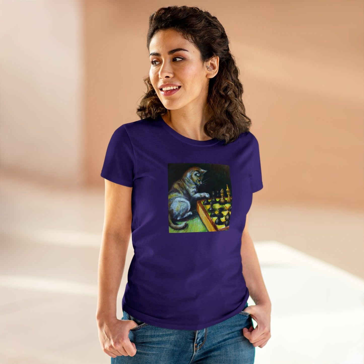 Cat playing chess, oil pastel, Women's Midweight Cotton Tee