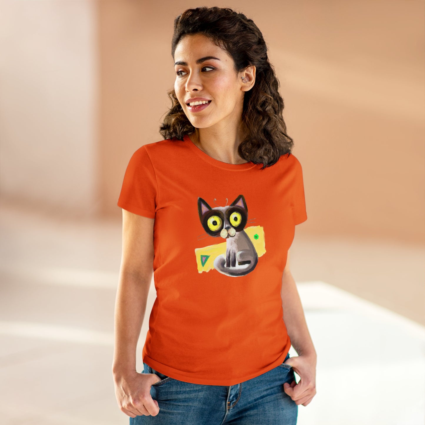 Funny cat, oil pastel, Women's Midweight Cotton Tee