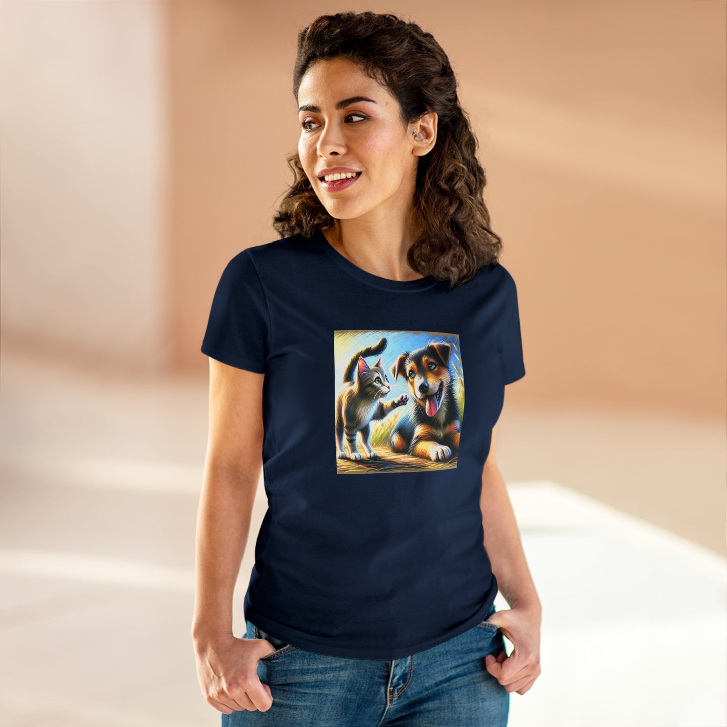 Cat playing with dog, oil pastel, Women's Midweight Cotton Tee