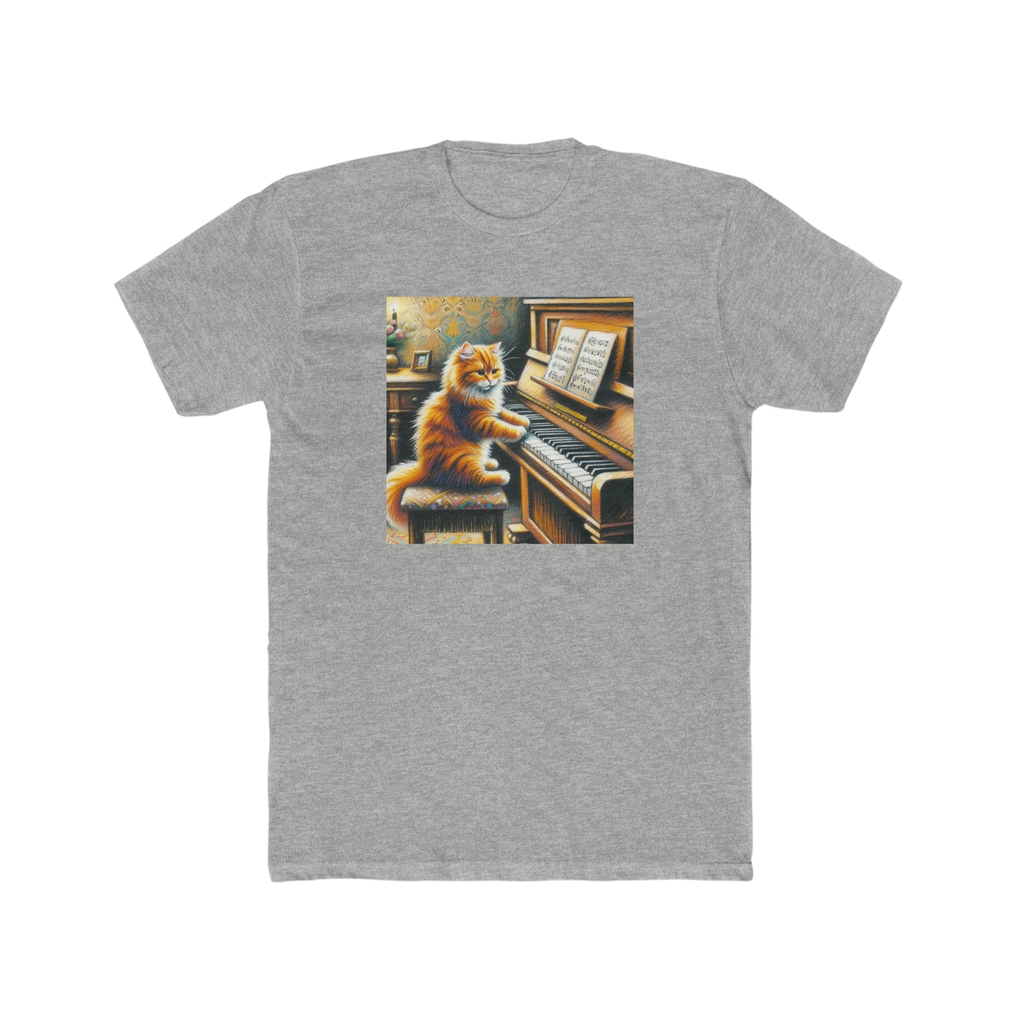 Cat playing piano, oil pastel, Men's Cotton Crew Tee