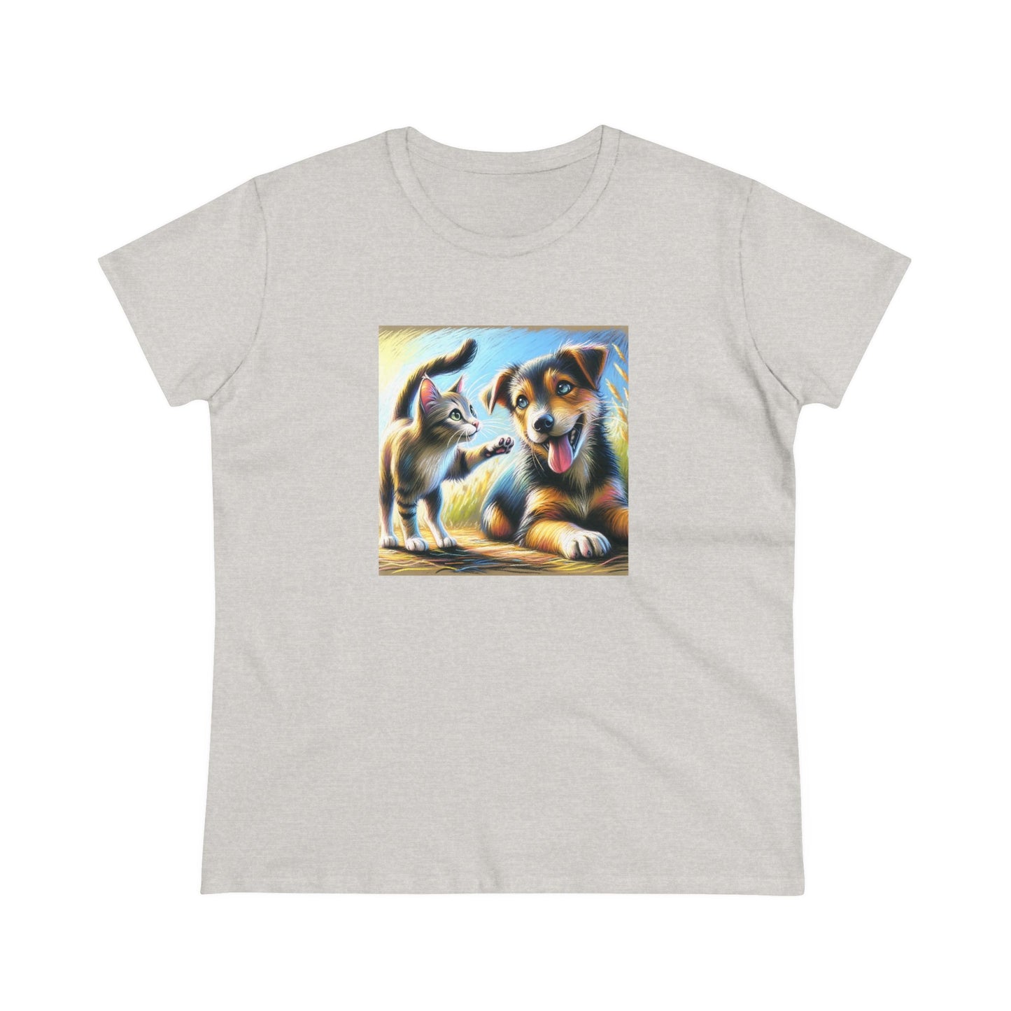 Cat playing with dog, oil pastel, Women's Midweight Cotton Tee