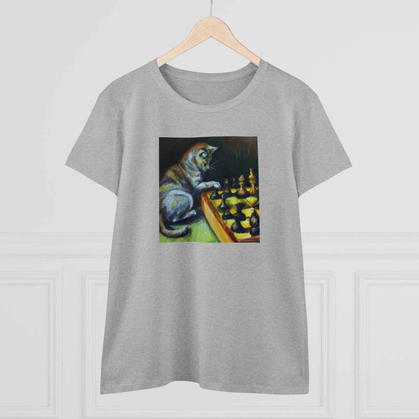 Cat playing chess, oil pastel, Women's Midweight Cotton Tee