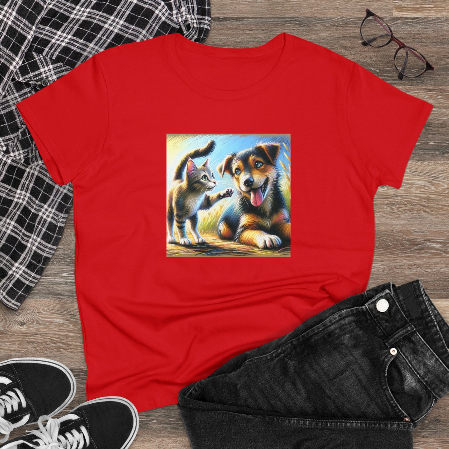 Cat playing with dog, oil pastel, Women's Midweight Cotton Tee