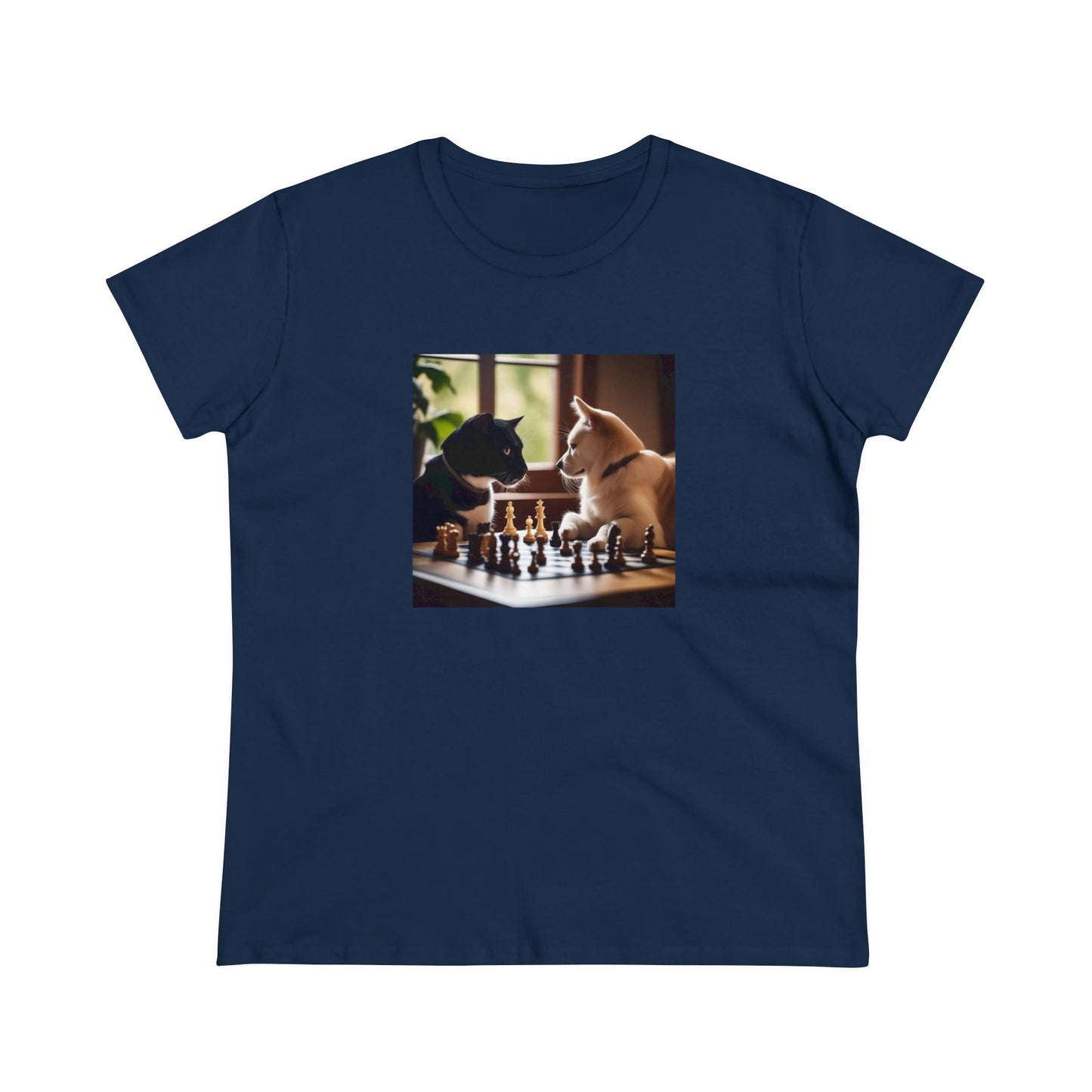 Cat and dog playing chess, Women's Midweight Cotton Tee