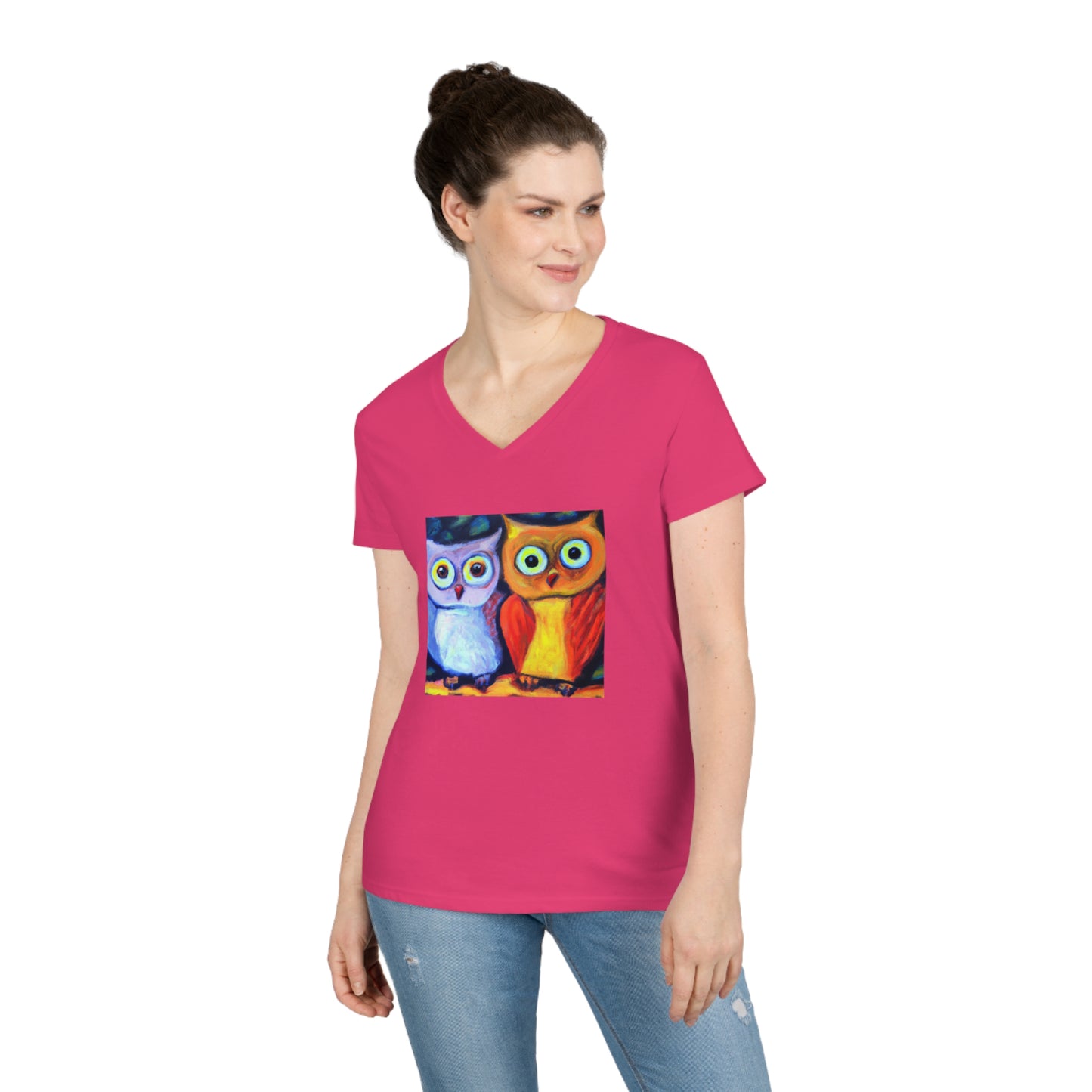 Owls, oil pastel, Ladies' V-Neck T-Shirt