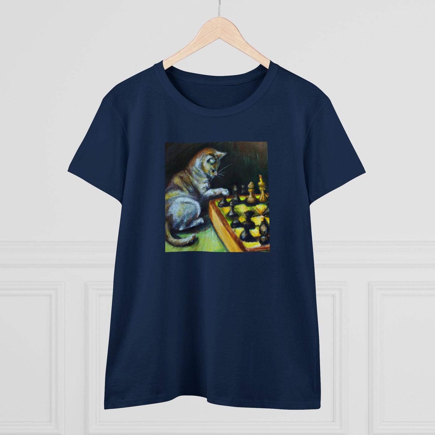 Cat playing chess, oil pastel, Women's Midweight Cotton Tee