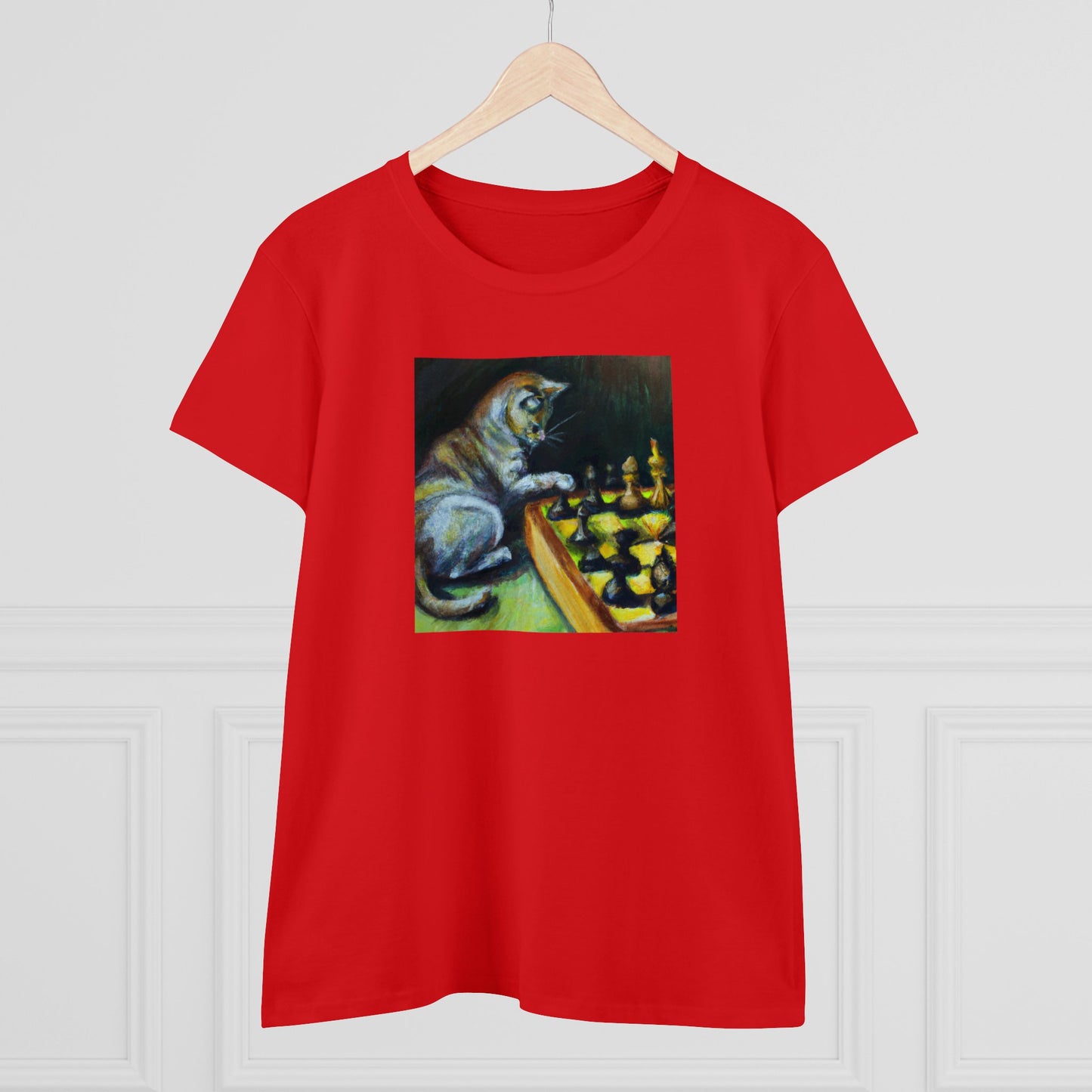 Cat playing chess, oil pastel, Women's Midweight Cotton Tee