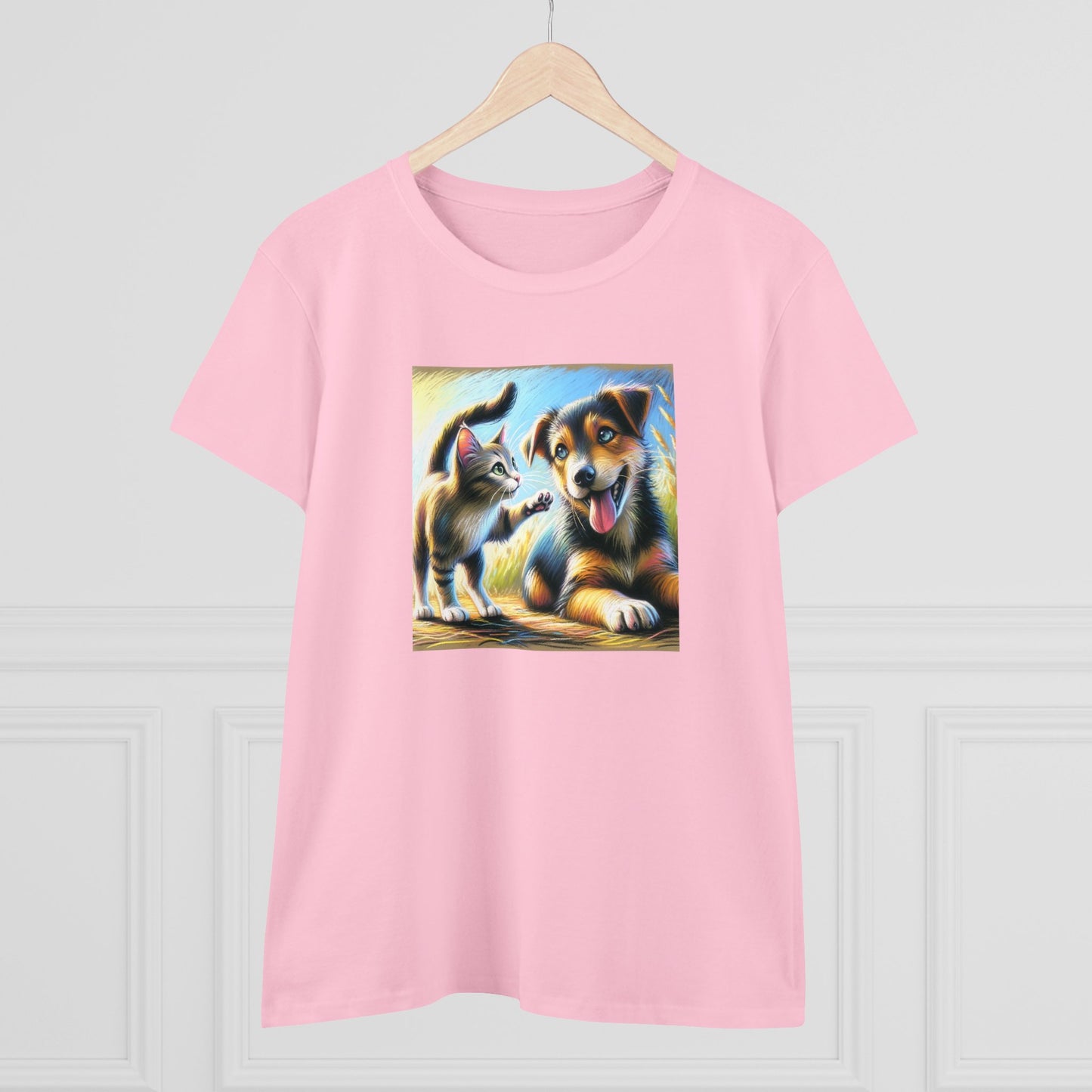 Cat playing with dog, oil pastel, Women's Midweight Cotton Tee