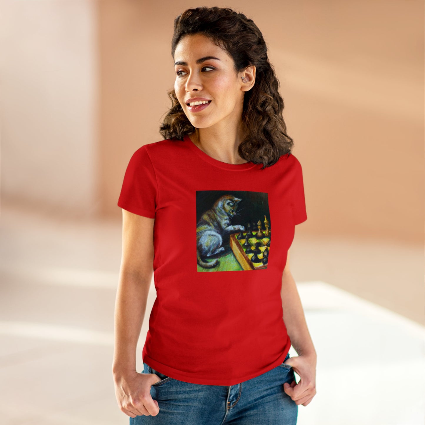 Cat playing chess, oil pastel, Women's Midweight Cotton Tee