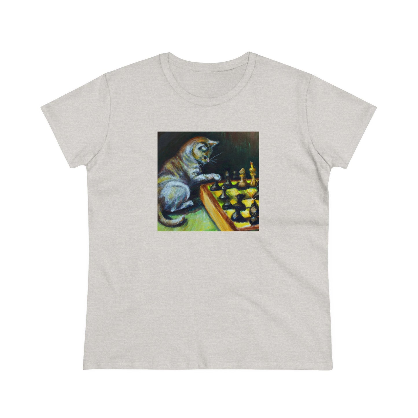 Cat playing chess, oil pastel, Women's Midweight Cotton Tee