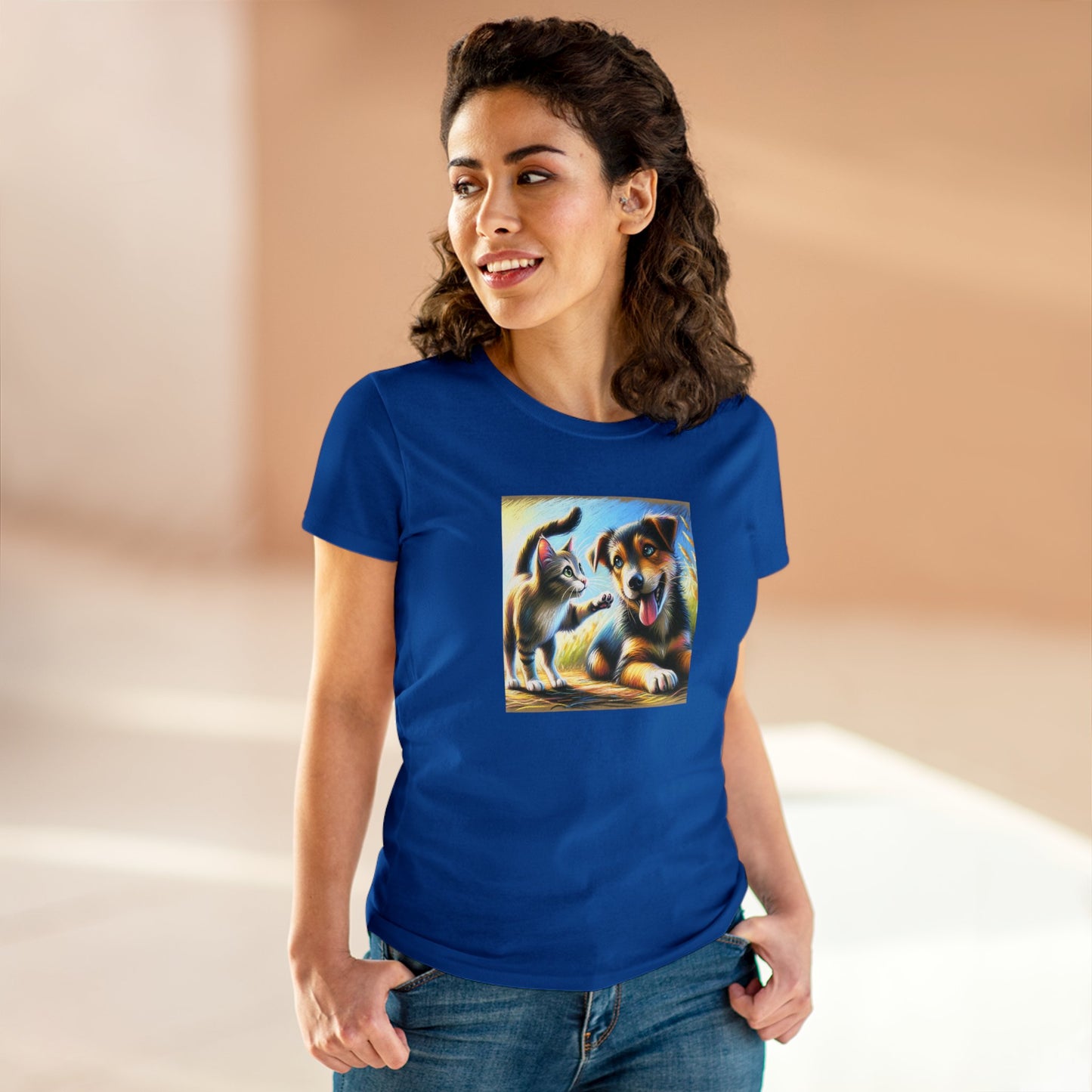 Cat playing with dog, oil pastel, Women's Midweight Cotton Tee