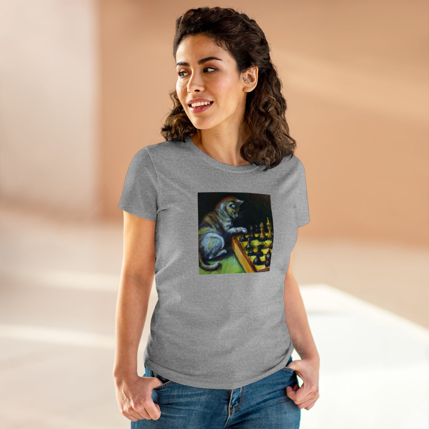 Cat playing chess, oil pastel, Women's Midweight Cotton Tee