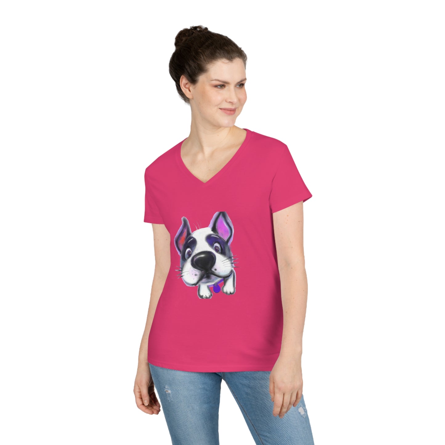 Happy dog, oil pastel, Ladies' V-Neck T-Shirt