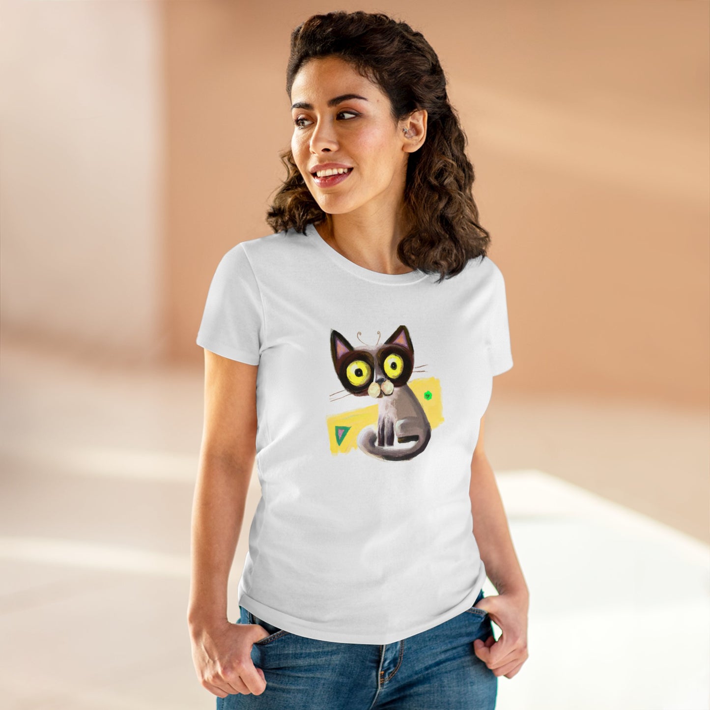 Funny cat, oil pastel, Women's Midweight Cotton Tee