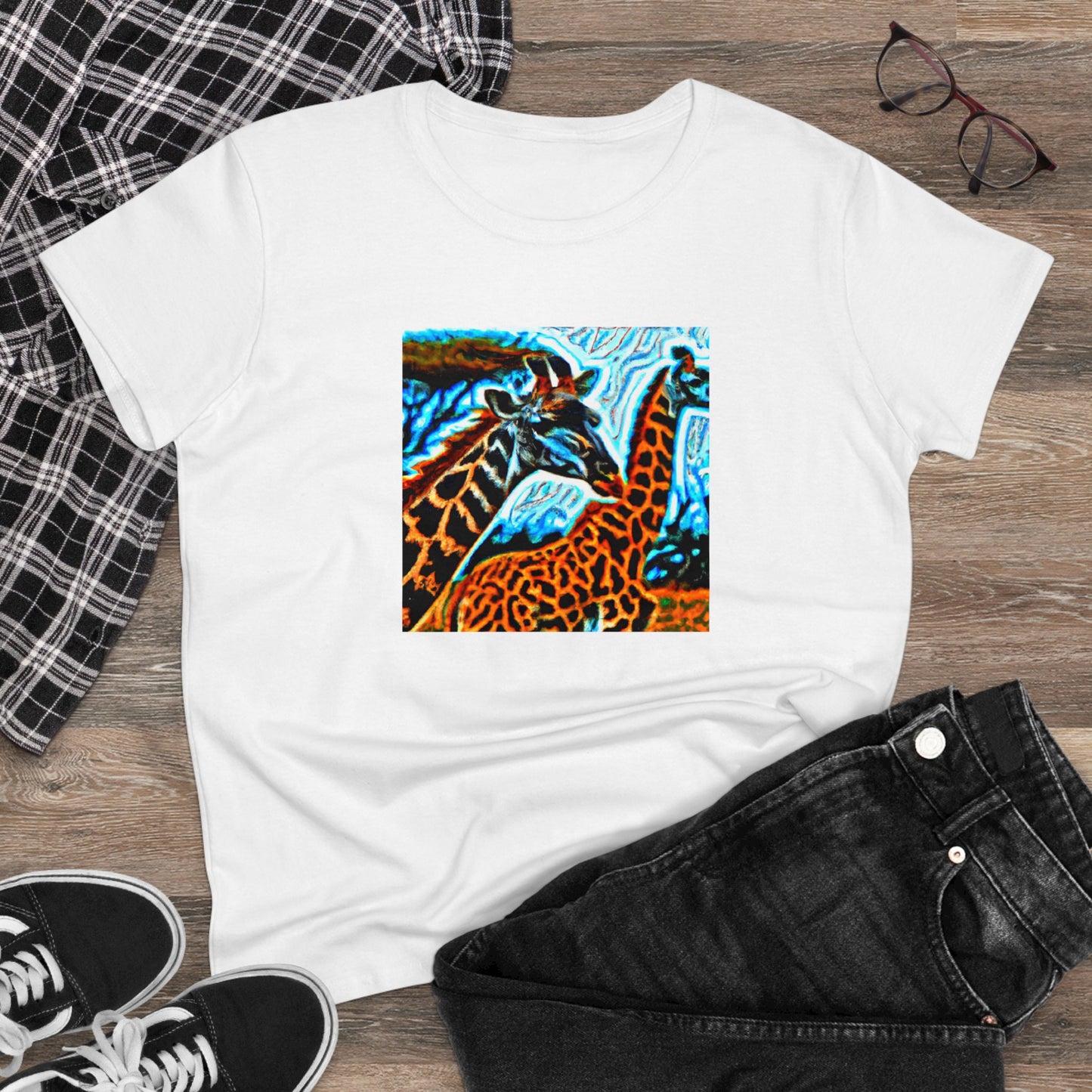 Giraffe, oil pastel, Women's Midweight Cotton Tee