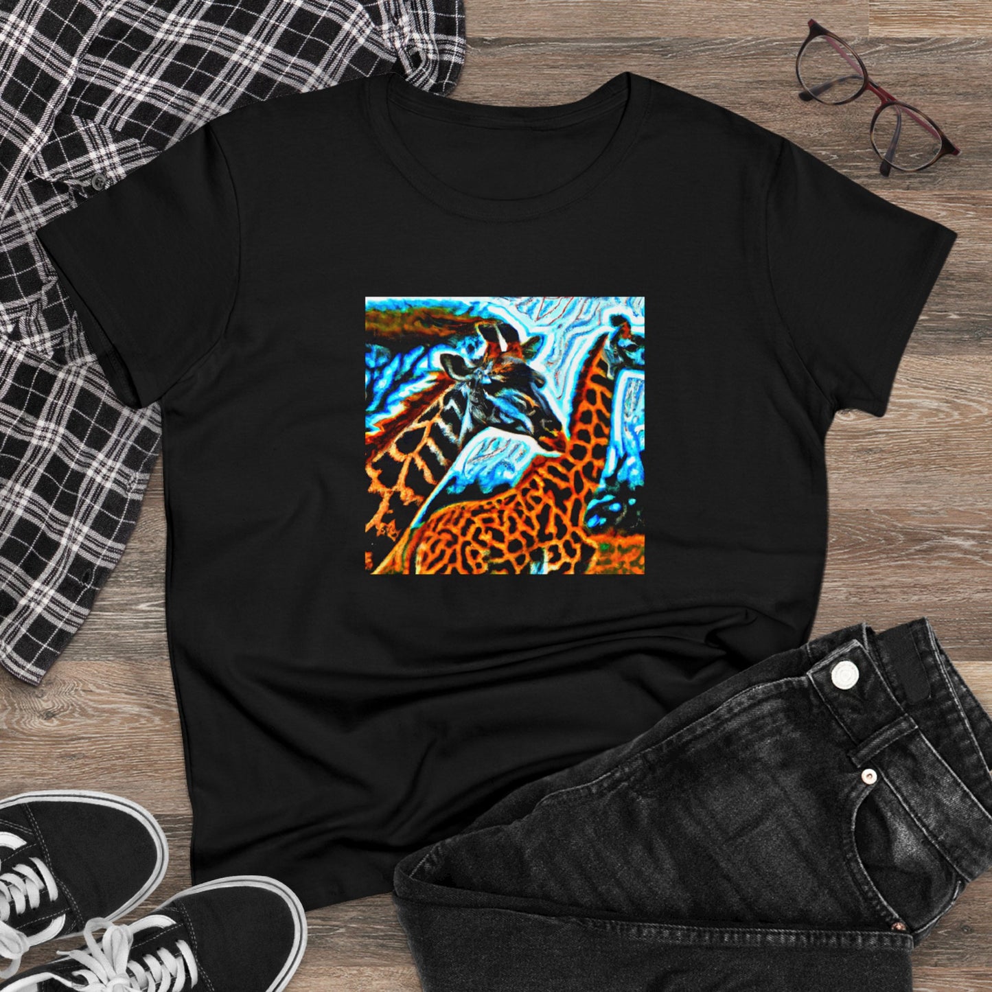 Giraffe, oil pastel, Women's Midweight Cotton Tee