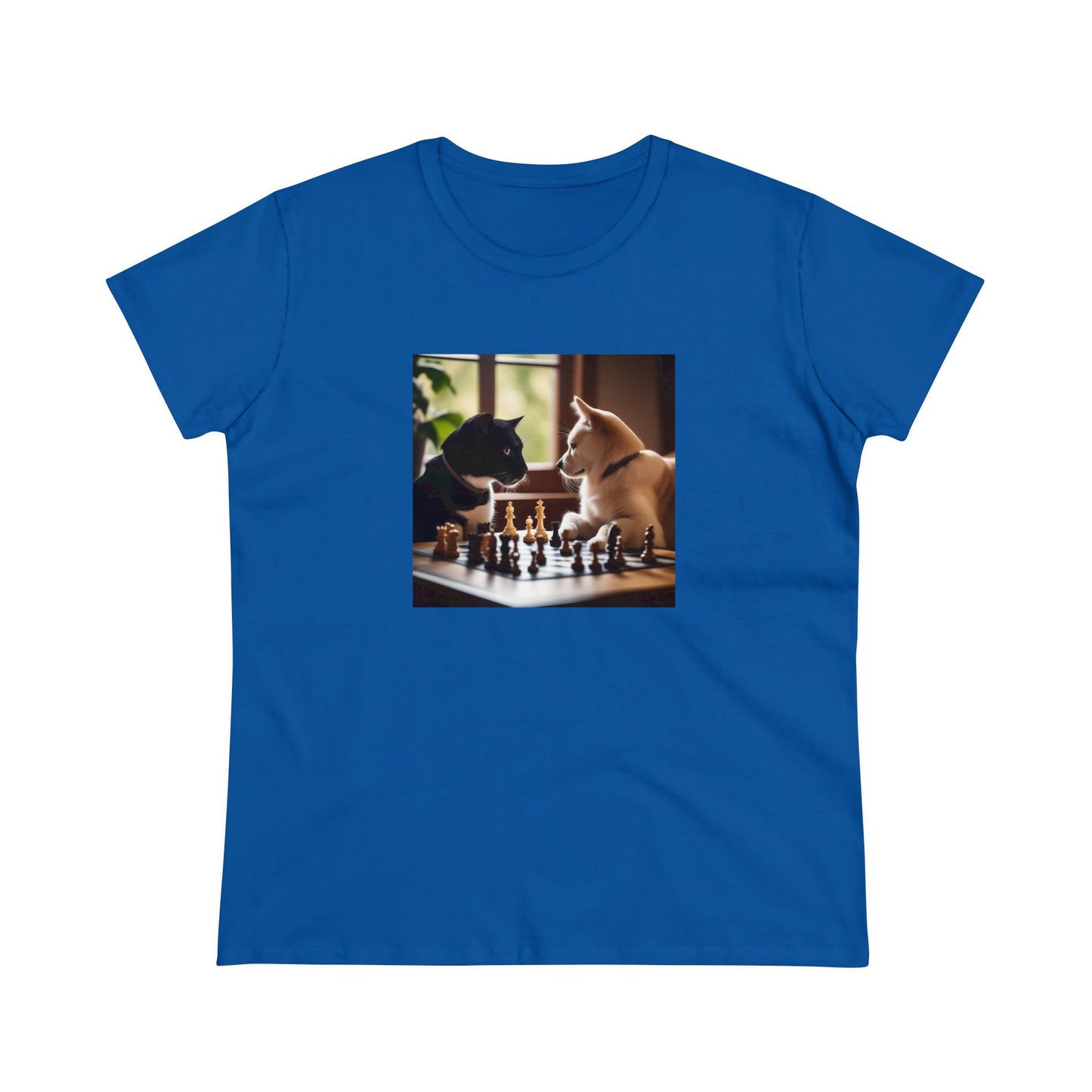 Cat and dog playing chess, Women's Midweight Cotton Tee