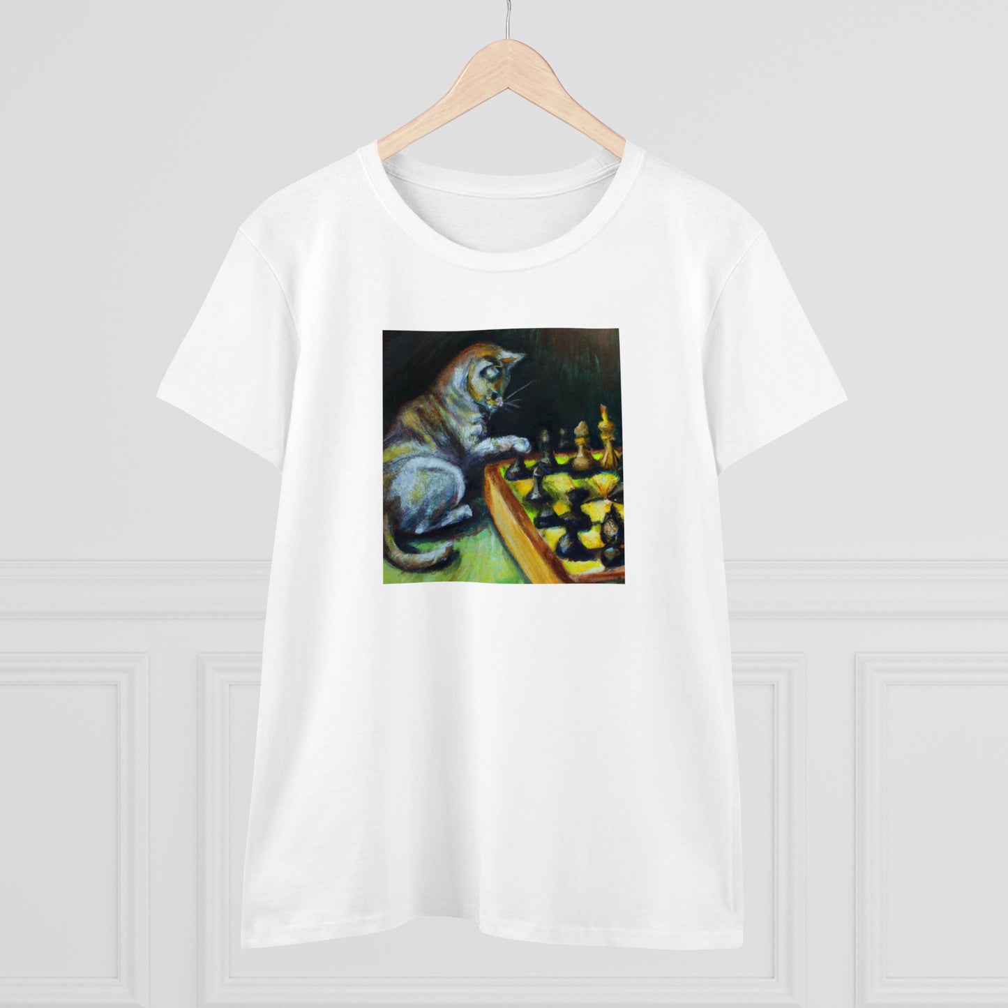 Cat playing chess, oil pastel, Women's Midweight Cotton Tee