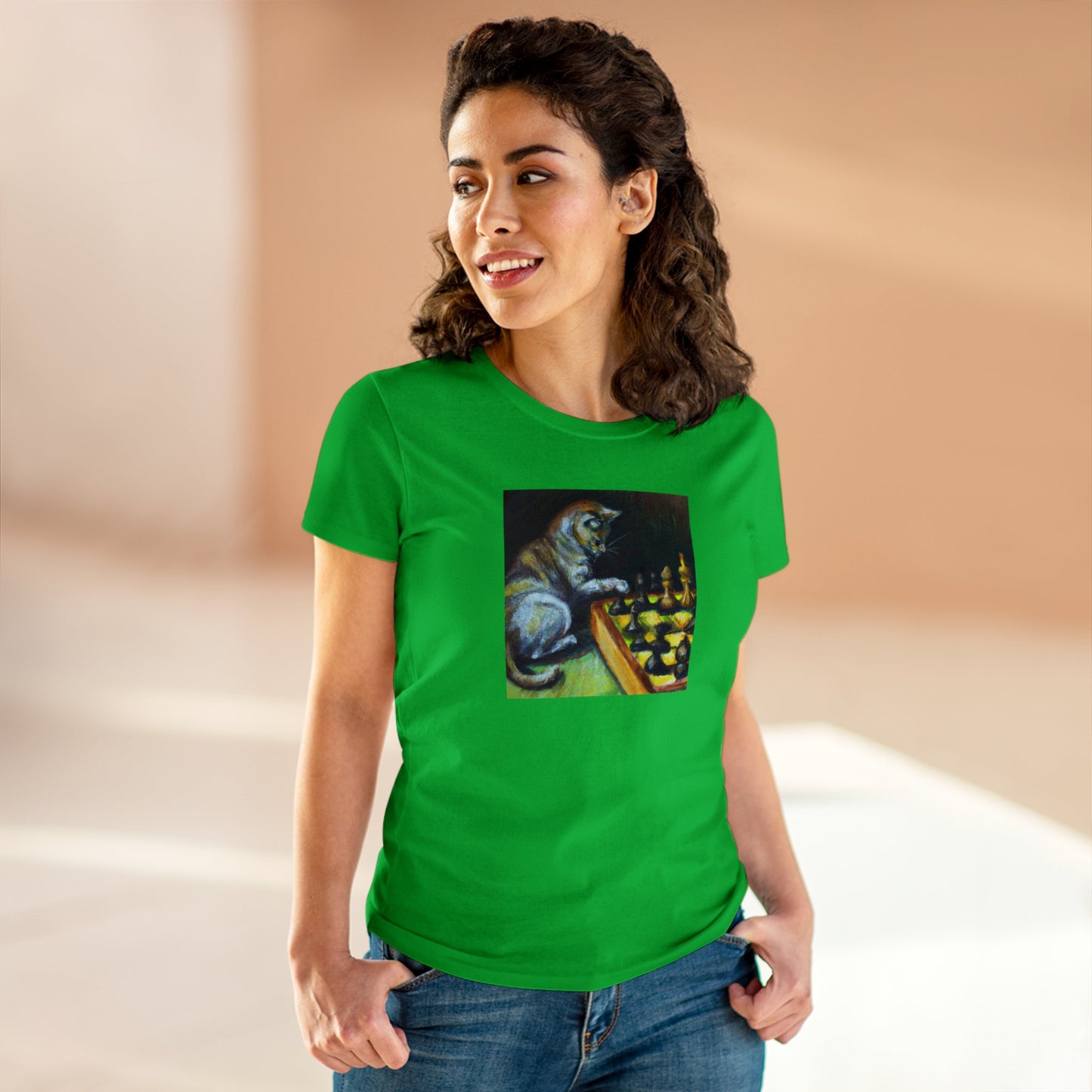 Cat playing chess, oil pastel, Women's Midweight Cotton Tee