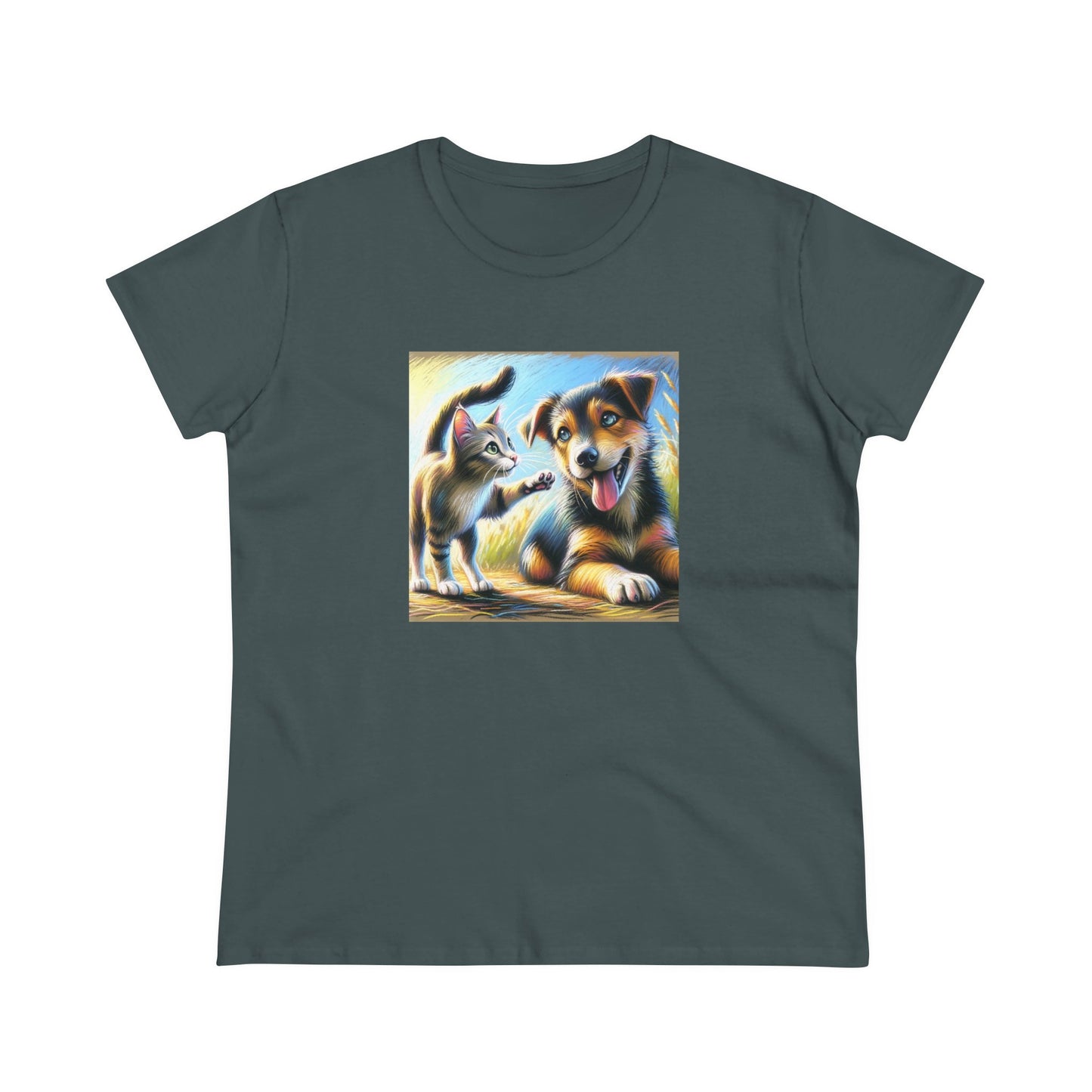 Cat playing with dog, oil pastel, Women's Midweight Cotton Tee