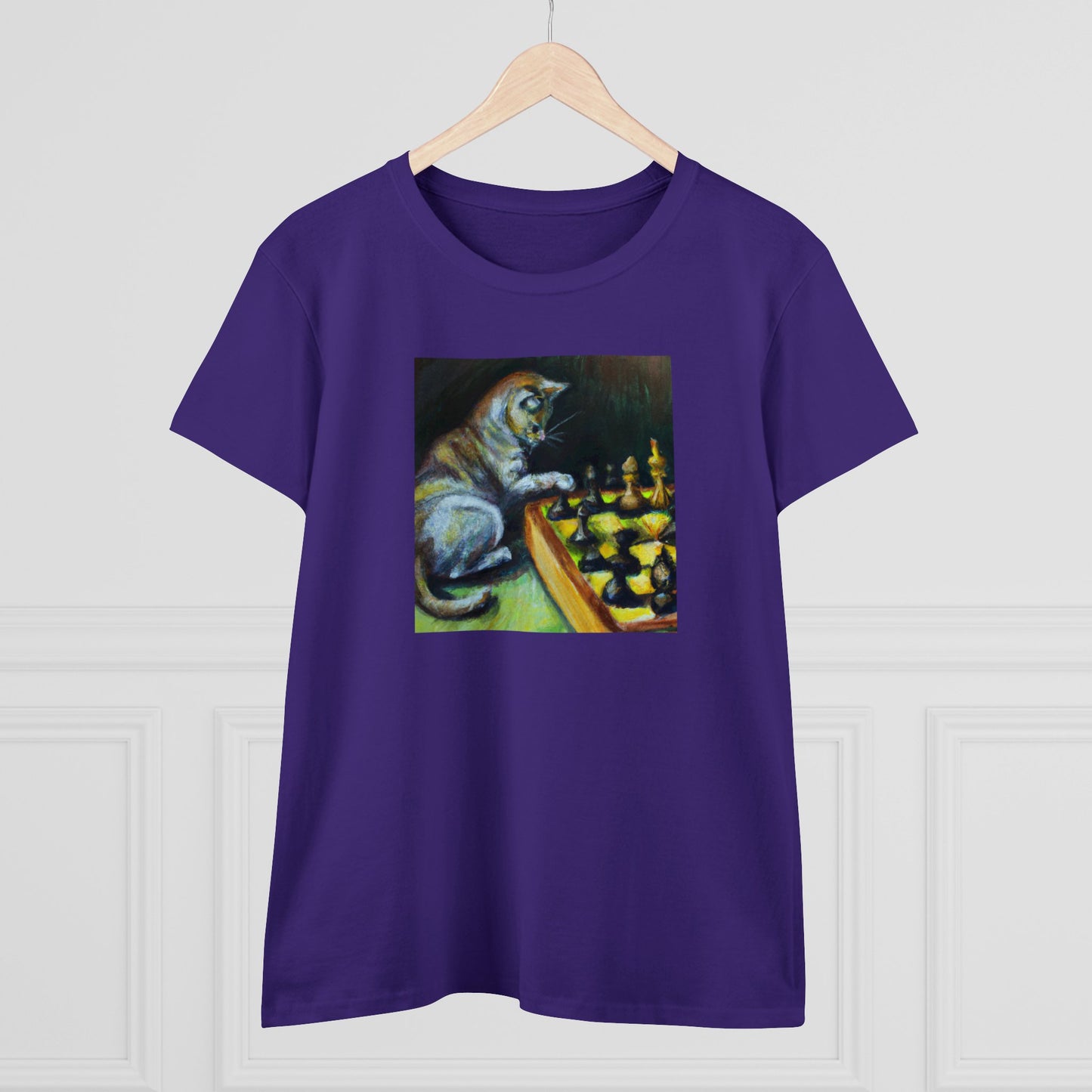 Cat playing chess, oil pastel, Women's Midweight Cotton Tee