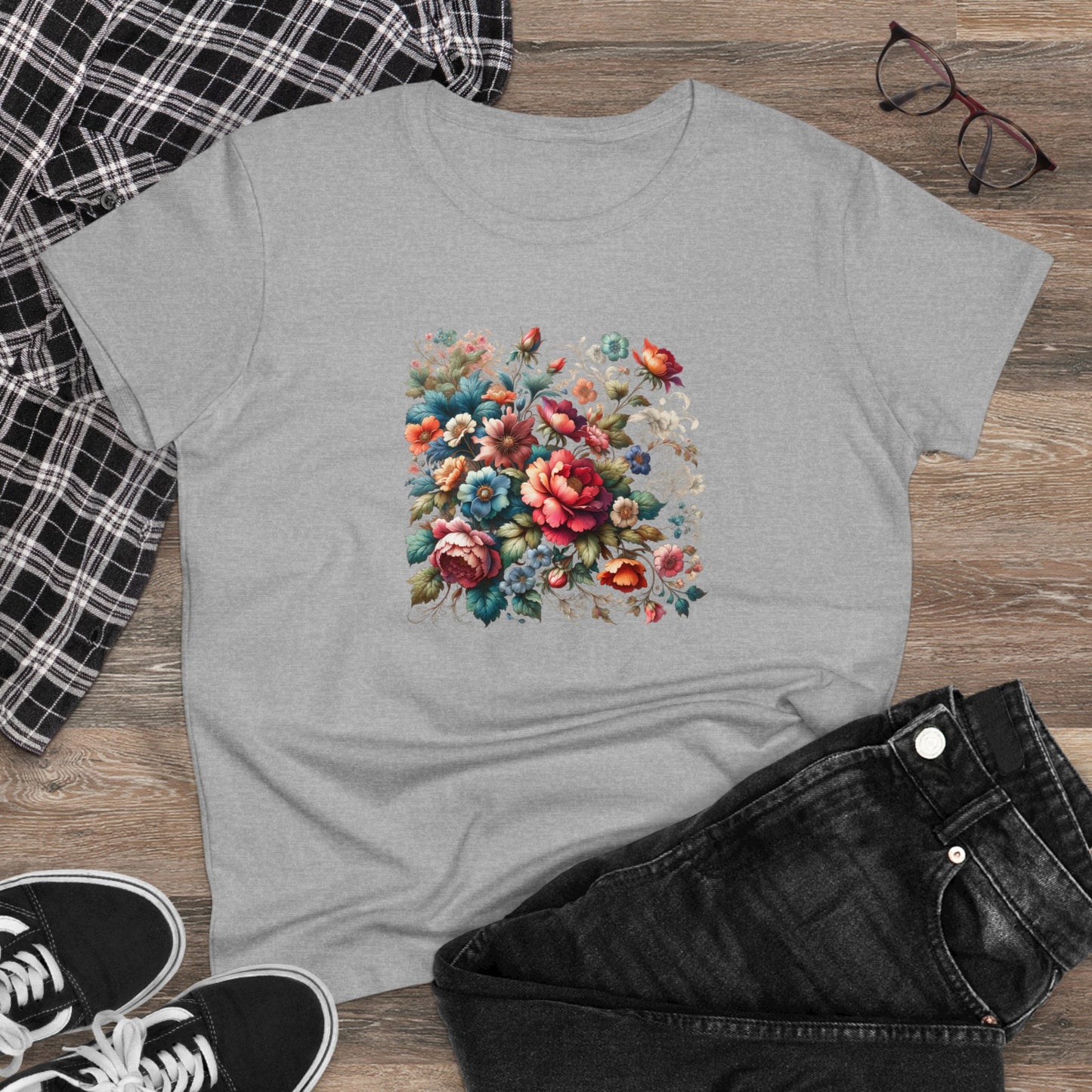 Floral design, botanical prints, Women's Midweight Cotton Tee