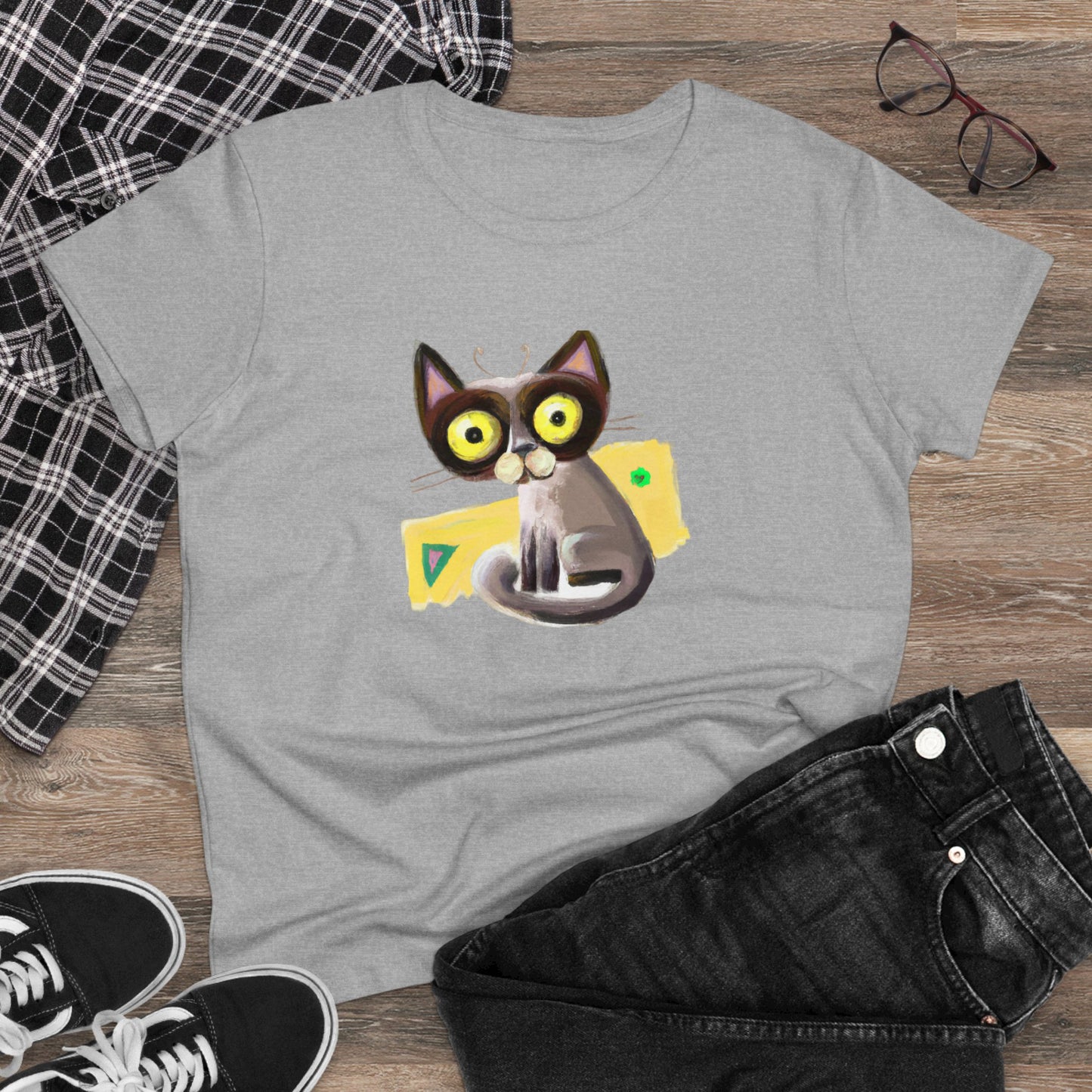 Funny cat, oil pastel, Women's Midweight Cotton Tee