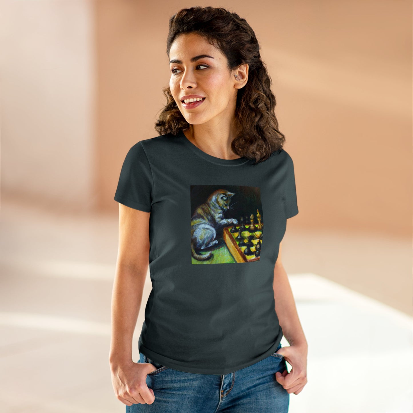 Cat playing chess, oil pastel, Women's Midweight Cotton Tee