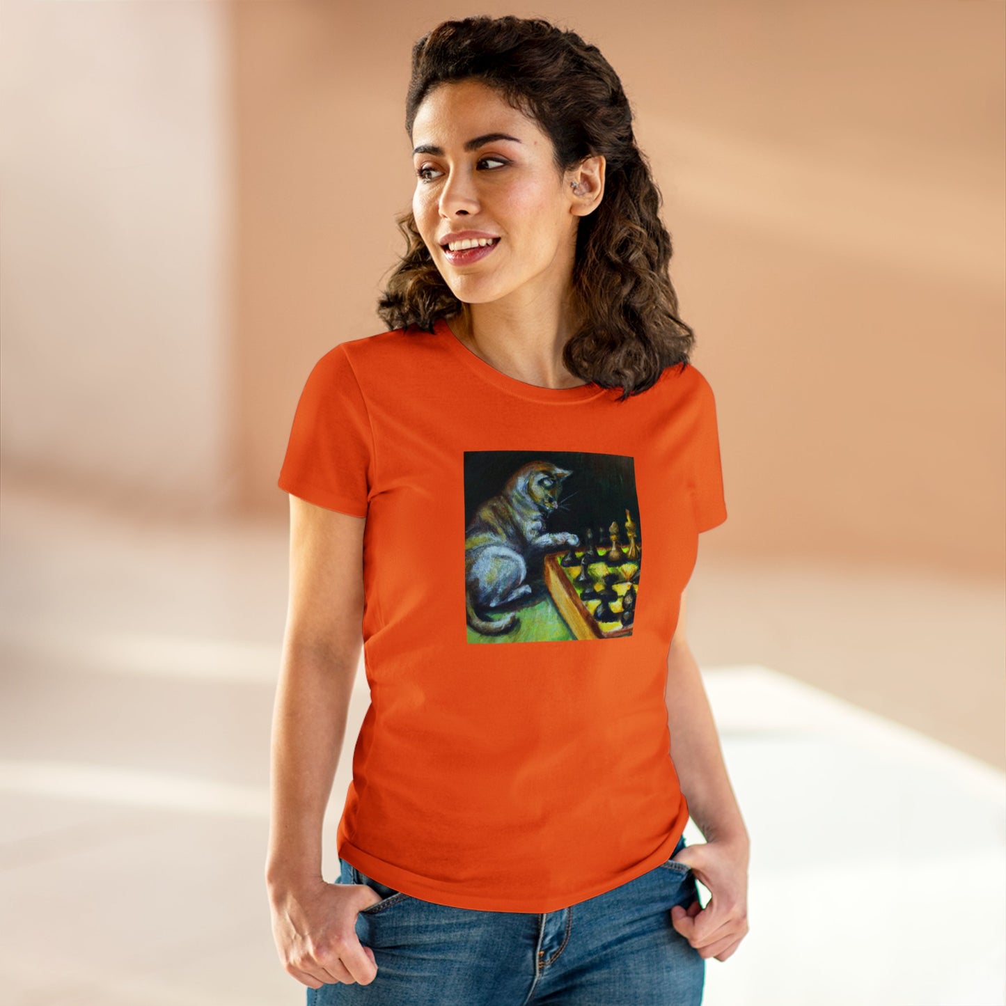 Cat playing chess, oil pastel, Women's Midweight Cotton Tee