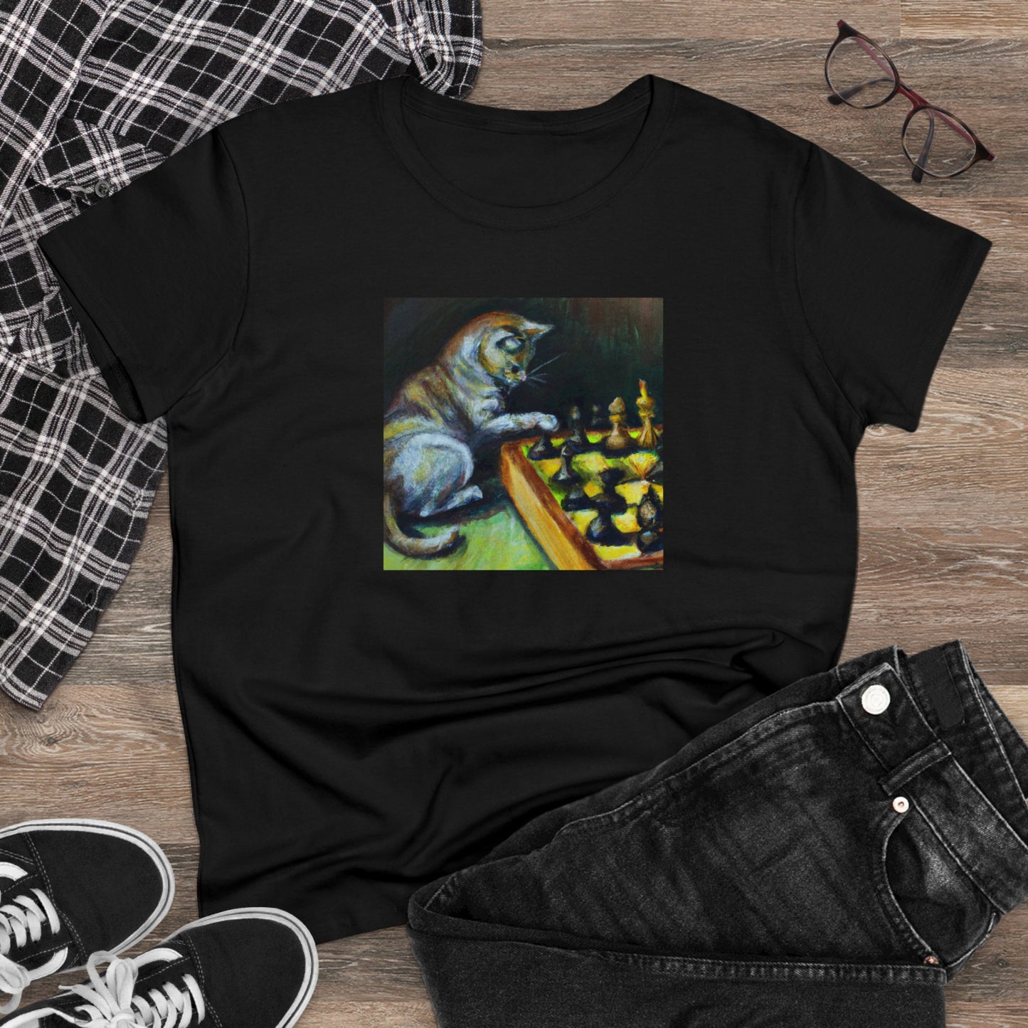 Cat playing chess, oil pastel, Women's Midweight Cotton Tee