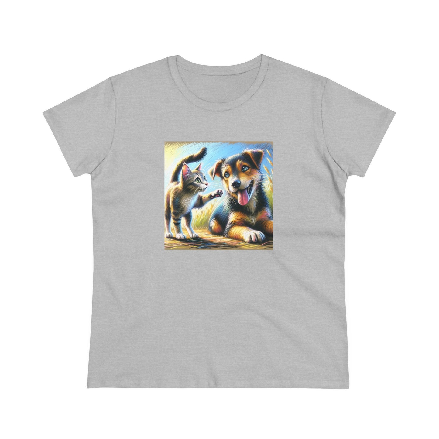 Cat playing with dog, oil pastel, Women's Midweight Cotton Tee