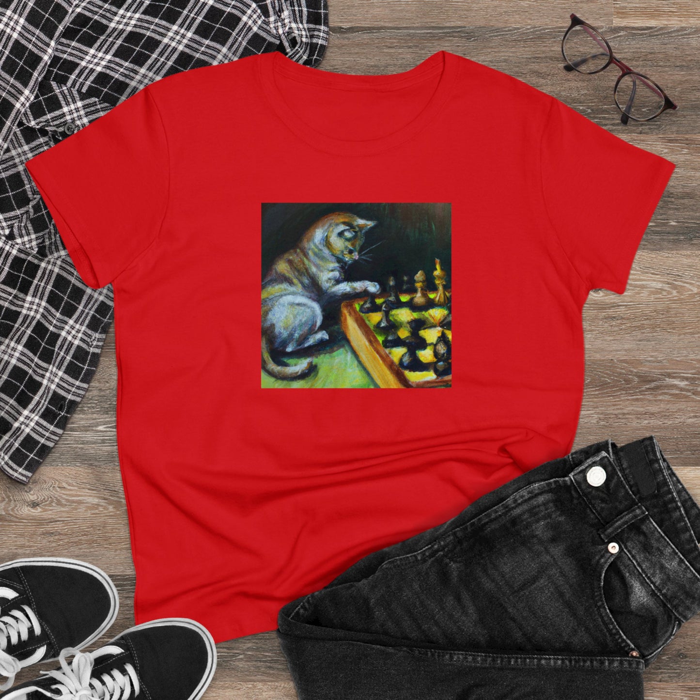 Cat playing chess, oil pastel, Women's Midweight Cotton Tee