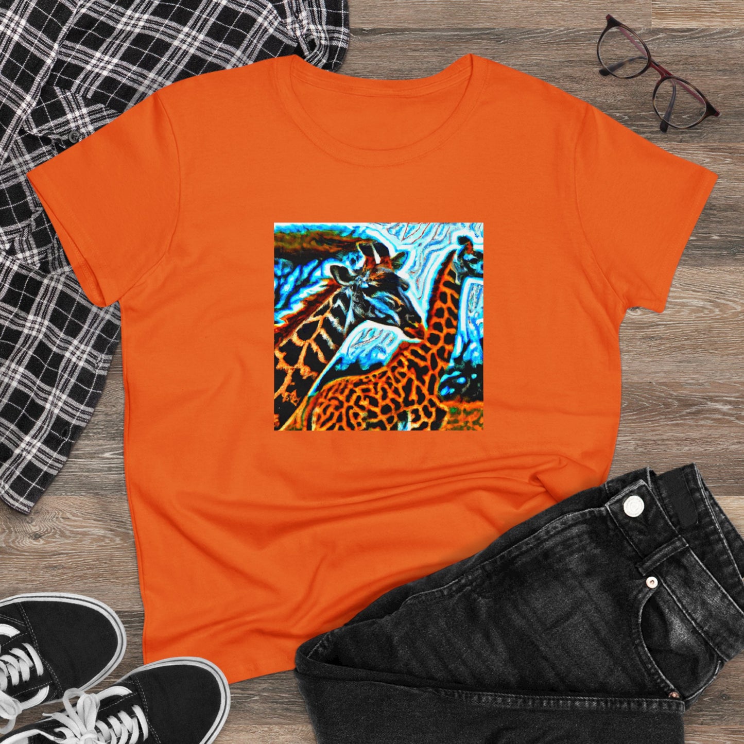 Giraffe, oil pastel, Women's Midweight Cotton Tee