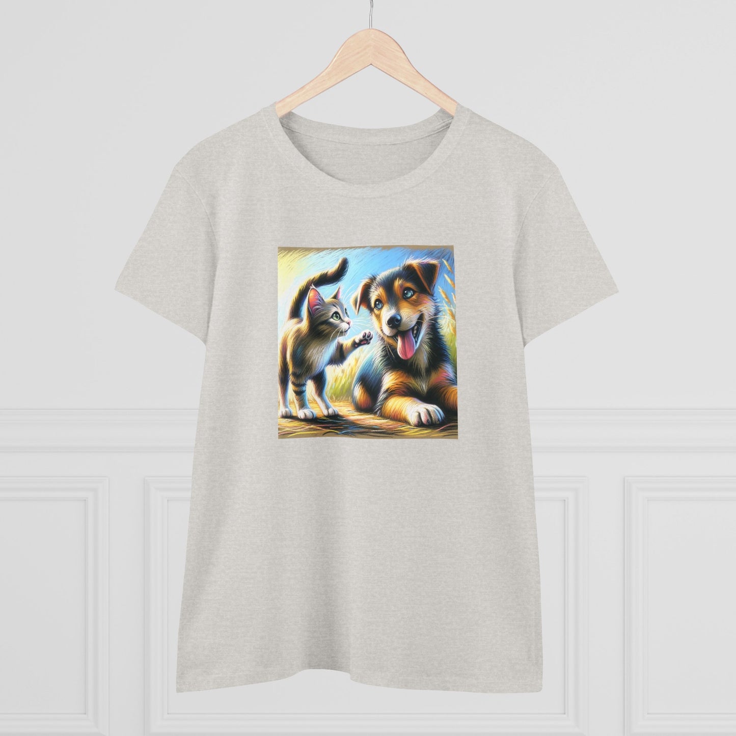 Cat playing with dog, oil pastel, Women's Midweight Cotton Tee